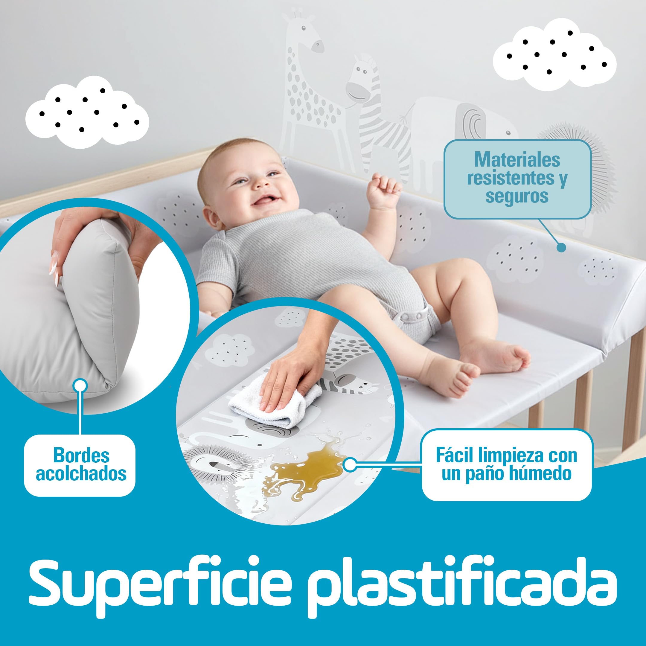 PLASTIMYR Cambiador de Bebe Flexible 81 x 50 cm- Colchoneta Cambiador Cómoda y Segura - Cambiadores Bebe Portatil con Bordes Acolchados, Ligeros y Fáciles de Limpiar (Flexible, Safari Gris)
