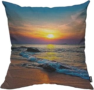 HOSNYE Sunset Over The Sea Cotton Linen Throw Pillow Case Landscape Beac...