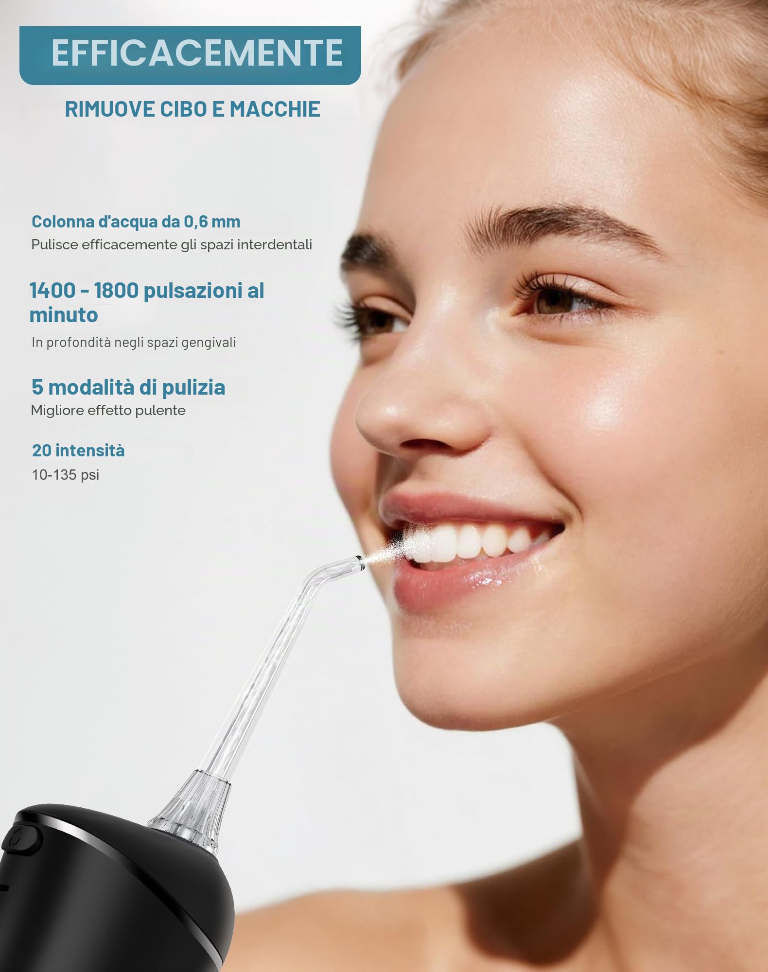 Idropulsore Dentale Portatile DIY, Irrigatore Orale 5 Modalità e 3 Intensità, Irrigatore Dentale Serbatoio 300ML, Ricarica USB, Impermeabile IPX7, Senza BPA, Silenzioso, per Viaggi e Casa