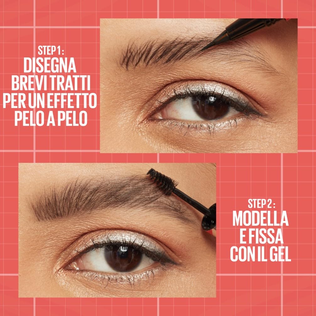 Maybelline New York, 2 in 1 Penna e Gel Sopracciglia, Per Sopracciglia Piene e Naturali, Tenuta Fino a 24 Ore, Waterproof, Formula Vegana, Build A Brow, Tonalità: Deep Brown
