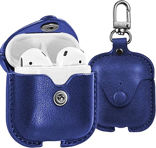 CoreLife Funda para AirPods, funda de piel delgada protectora suave para Apple AirPods 1 y 2 funda de carga con llavero (azul)