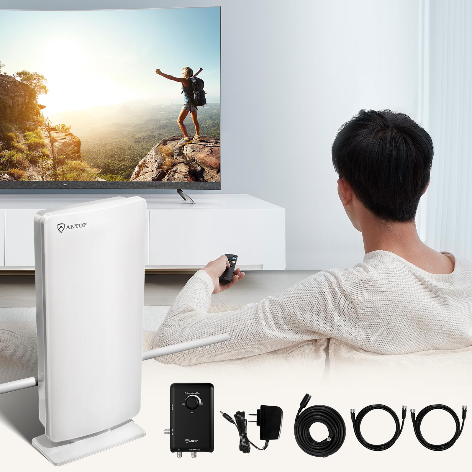 ANTOP AT-800SBS Antena de TV para exteriores mejor calificada 2024 - Antena amplificada HDTV y FM con panel inteligente HD con sistema de impulso inteligente de doble salida