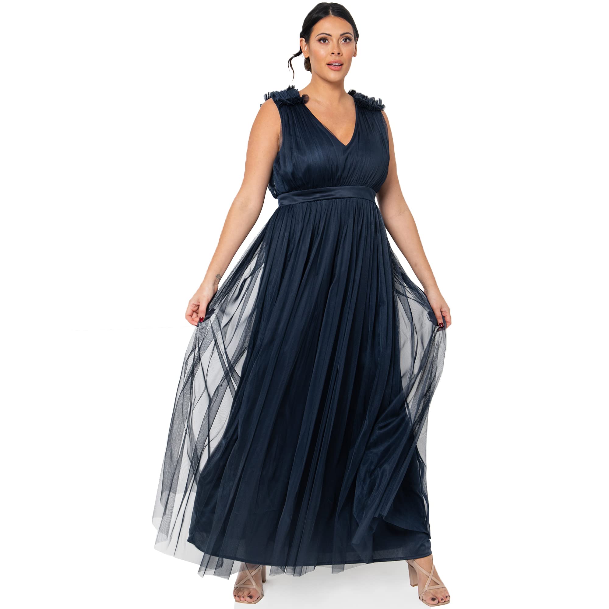 Maya Deluxe Robe Longue sans Manches avec col en V à Volants et Taille Empire pour Bal de Fin d'année, Mariage, Demoiselle d'honneur Femme