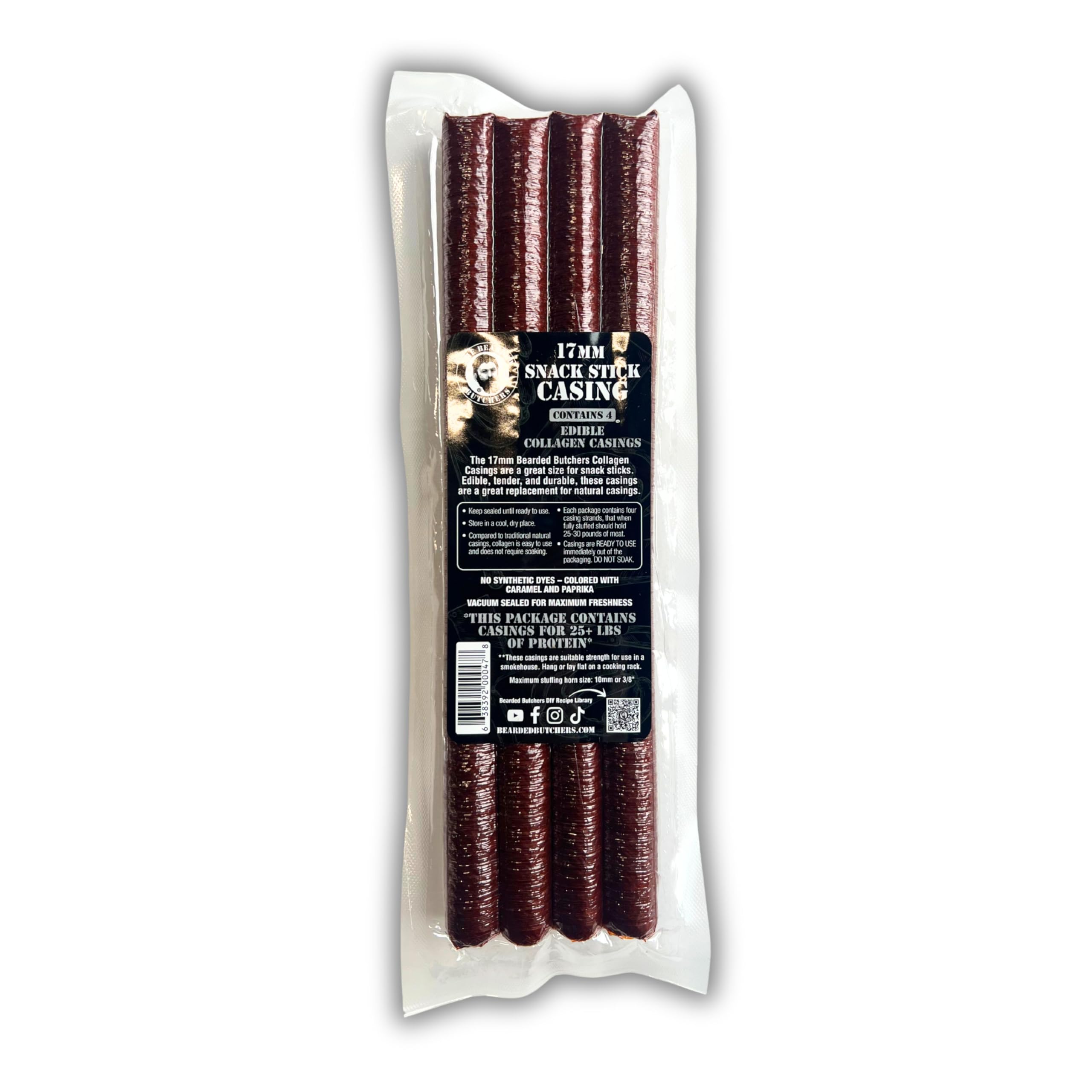 Bearded Butchers Edible 17mm Mahogany Collagen Snack Stick Casings, 4-Pack – Make Your Own DIY Meat Snack Sticks, Great with Beef, Pork, Venison & More! Dye Free, Vacuum Sealed, Easy to Use, Holds Up to 25 lbs of Meat