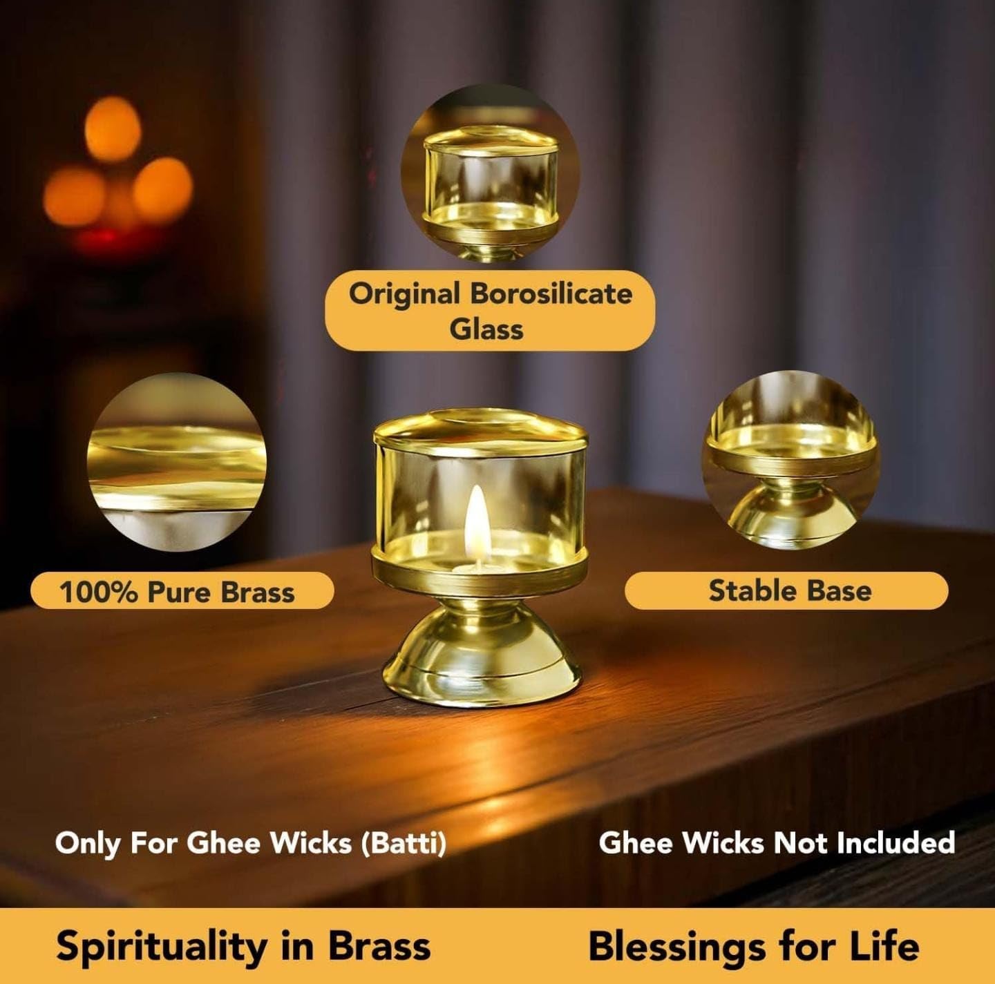 Messing und Glas Niranjan Diya für Puja | Traditionelle indische Öllampe für Diwali Dekoration & Pooja | Heimdekoration | Borosilikatglas | Ideales Geschenk – 1 Stück (5,7 cm)