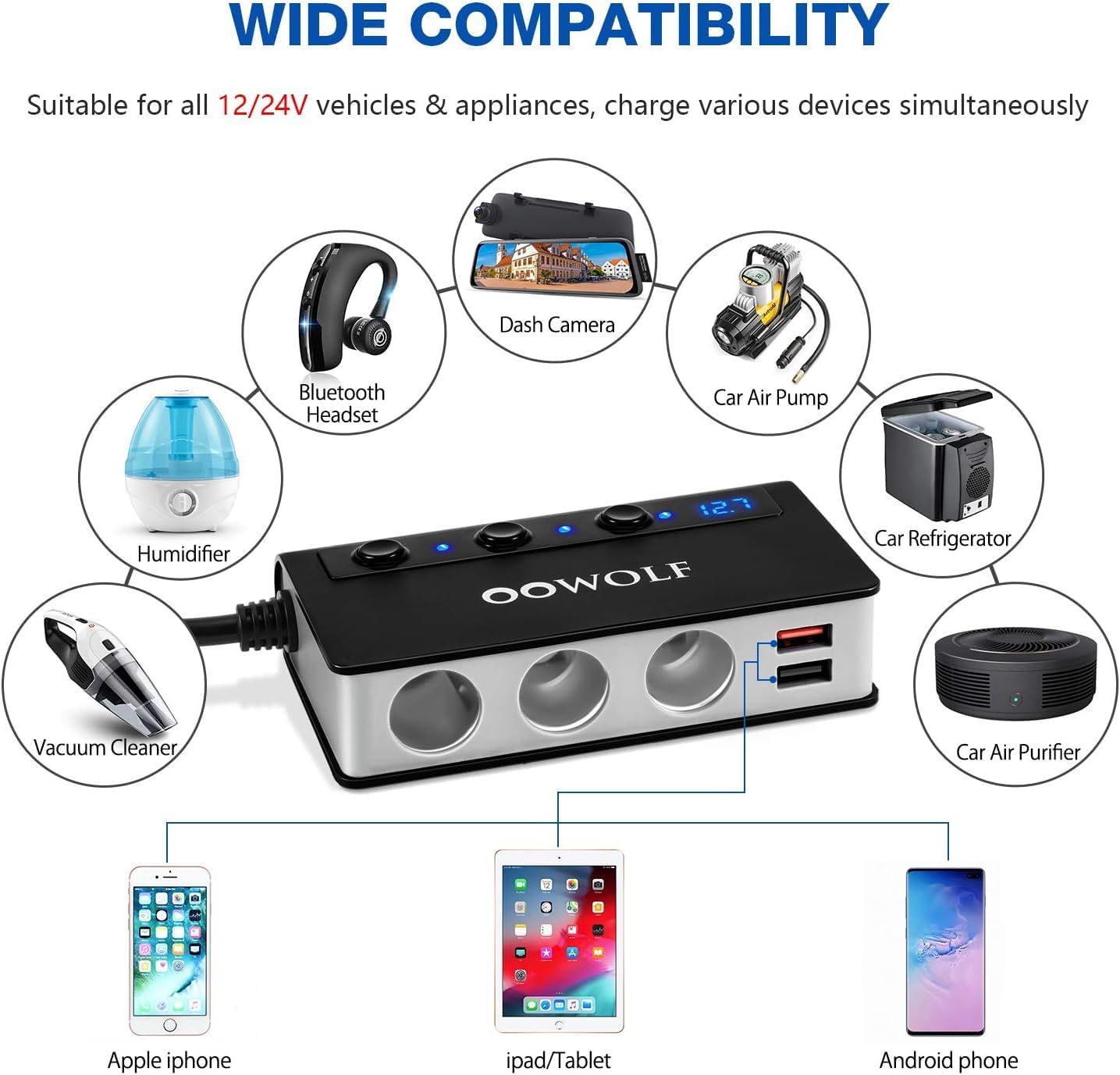 OOWOLF 7 in 1 Cigarette Lighter Splitter, 180W Quick Charge 3.0 12V/24V 3-Socket Car Charger Adapter, 4 USB Ports Car Power Adapter Car Splitter, Independent Switches, LED Voltmeter, 2.3FT Cable