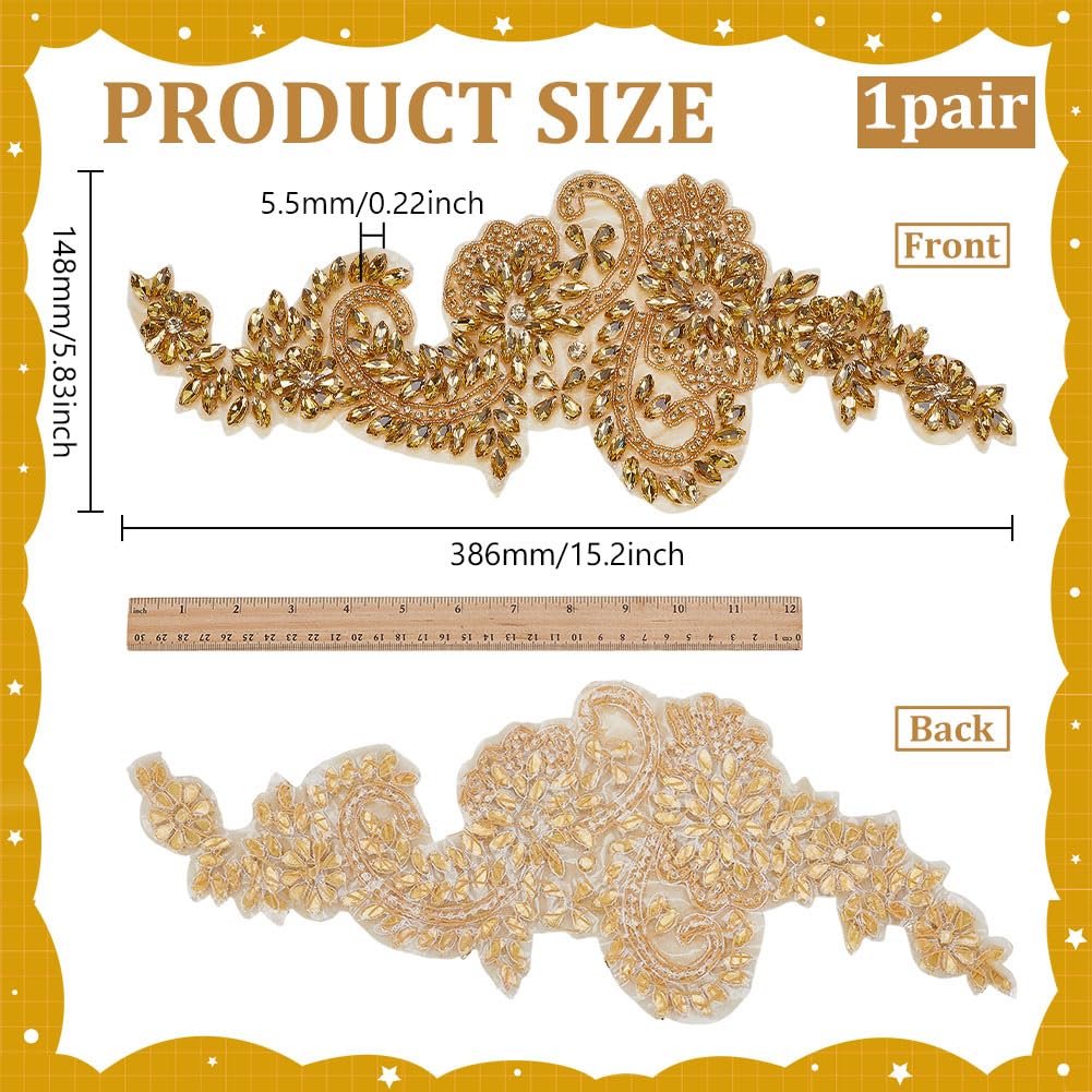 FINGERINSPIRE 1 Paire Appliques Perlées Faites à la Main Patchs de Bordure en Dentelle Avec Strass Dorés Faits à la Main Patchs de Perles en Strass Faits 14.8x38.6cm pour Robes de Soirée