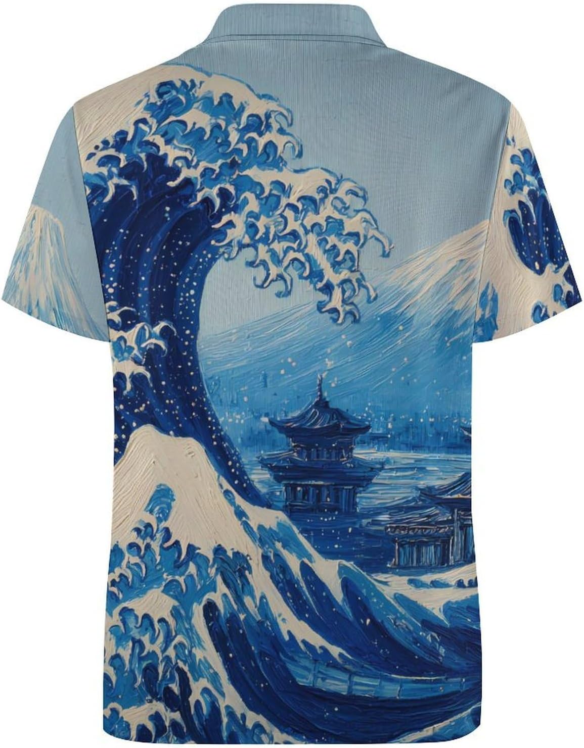 Kanagawa Wave Mount Fuji Japanese Men's Polo Golf Shirts Collared T-Shirt | short sleeve,three button,quick dry,machine washable,summer tee top