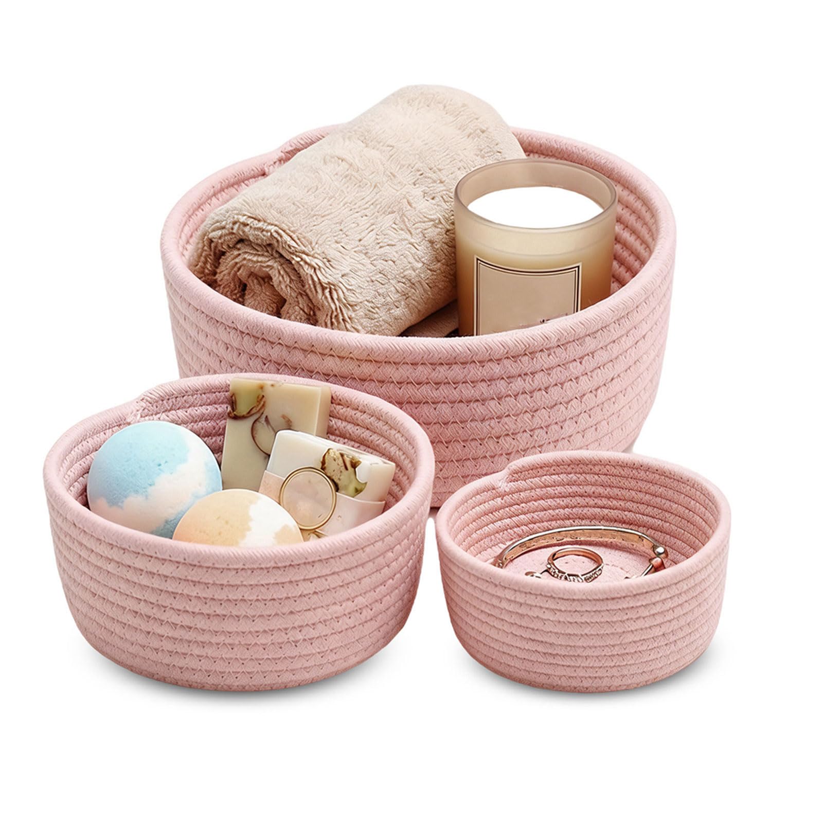 3 Pcs Small Woven Baskets, Cotton Rope Round Organizer for Shelves