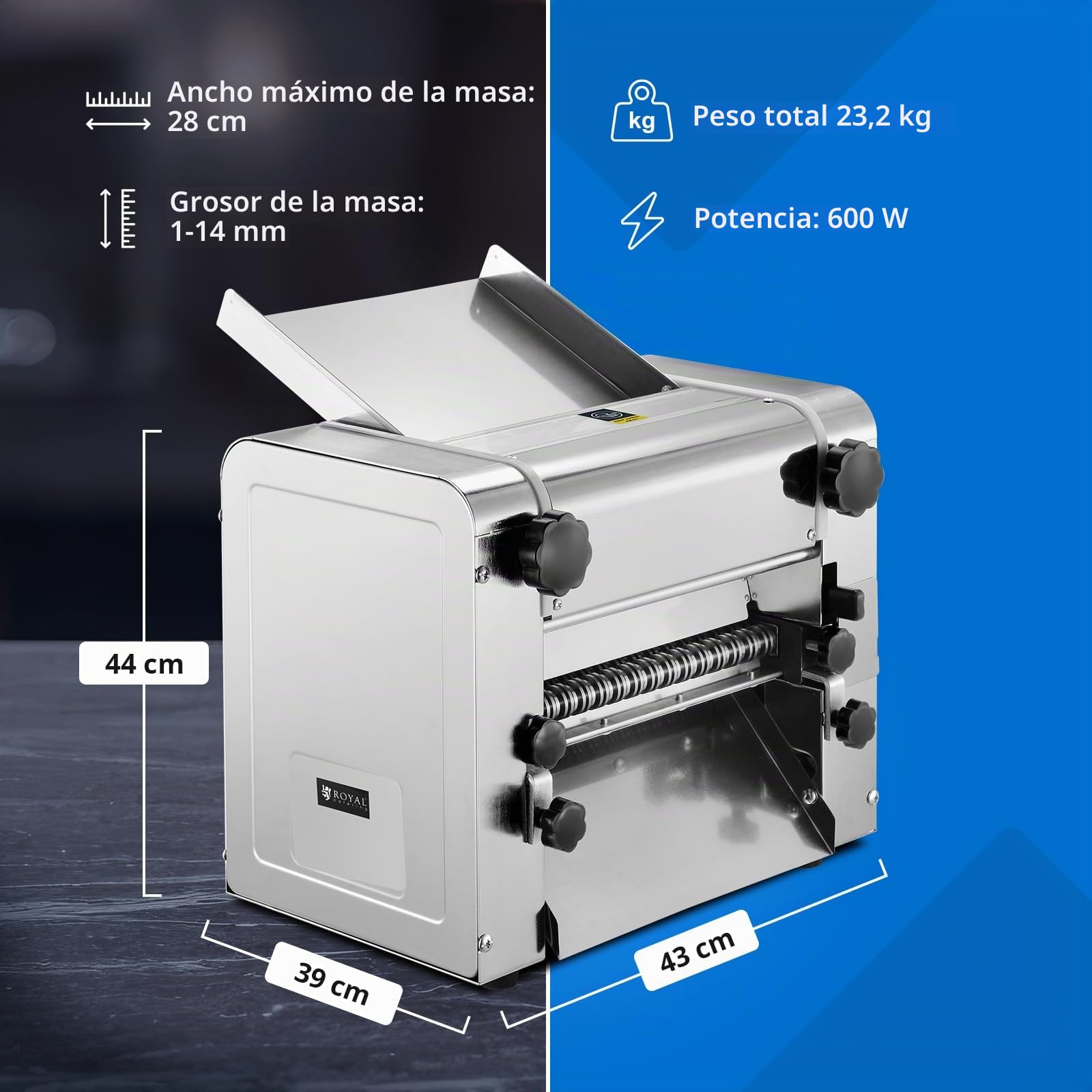 Royal Catering Máquina de pasta eléctrica 28 cm - Espesor de masa de 1 a 14 mm, 600 W , corte 3 mm y 9 mm, acero inoxidable, laminadora para pizza, máquina de pasta profesional
