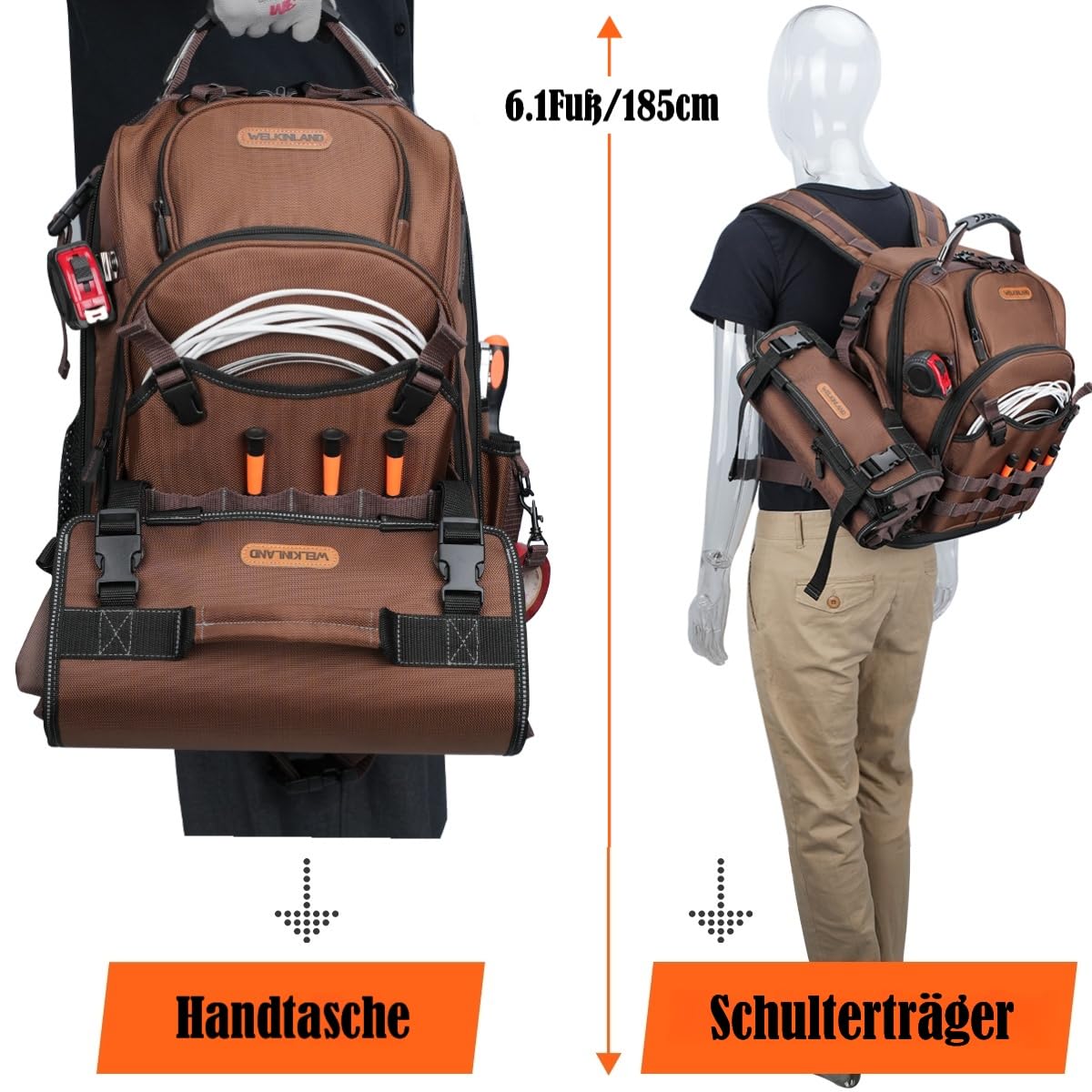 WELKINLAND 70 Taschen HVAC Werkzeugrucksack mit Werkzeugrolle, Werkzeugtasche Rucksack