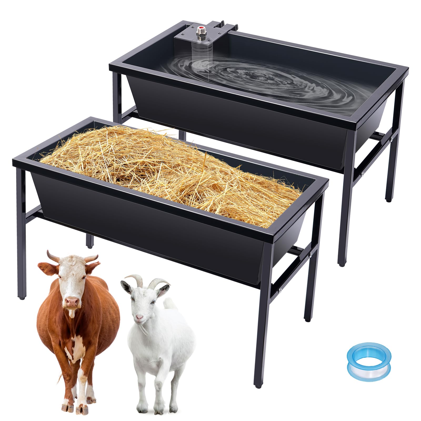 2 mangiatoie per bestiame e abbeveratoio con valvola a galleggiante auto-riempimento, in acciaio inox, mangiatoia per cavalli, grande capacità, abbeveratoio automatico per capre, pecore, cavalli