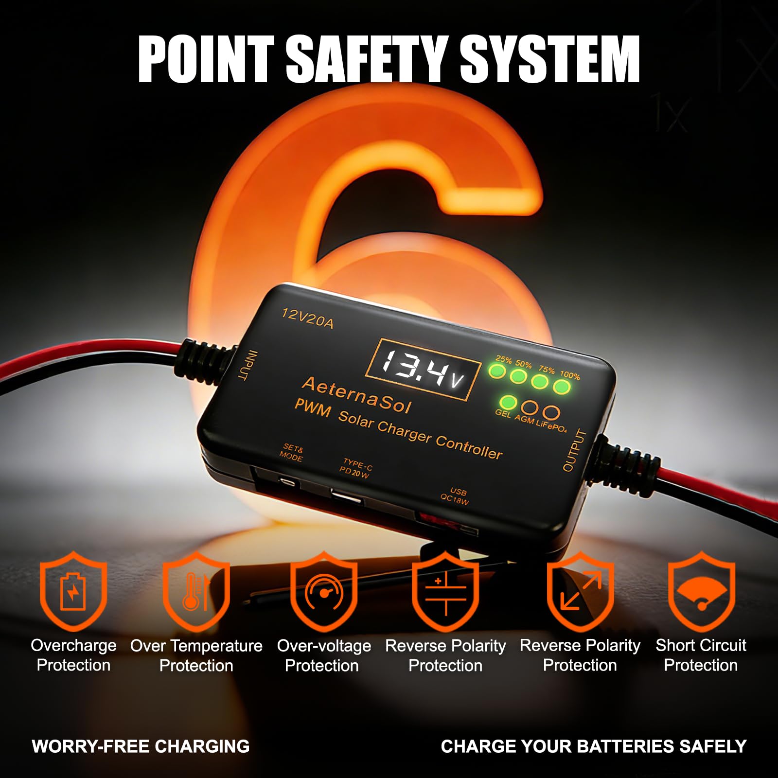 PWM Solar Charge Controller 12V 20A Solar Panel with LCD Display Charge Controller for Gel AGM Lithium LiFePO4 Batteries Charge Controllers Compatible with Type-c and USB（12v/20A） - 5