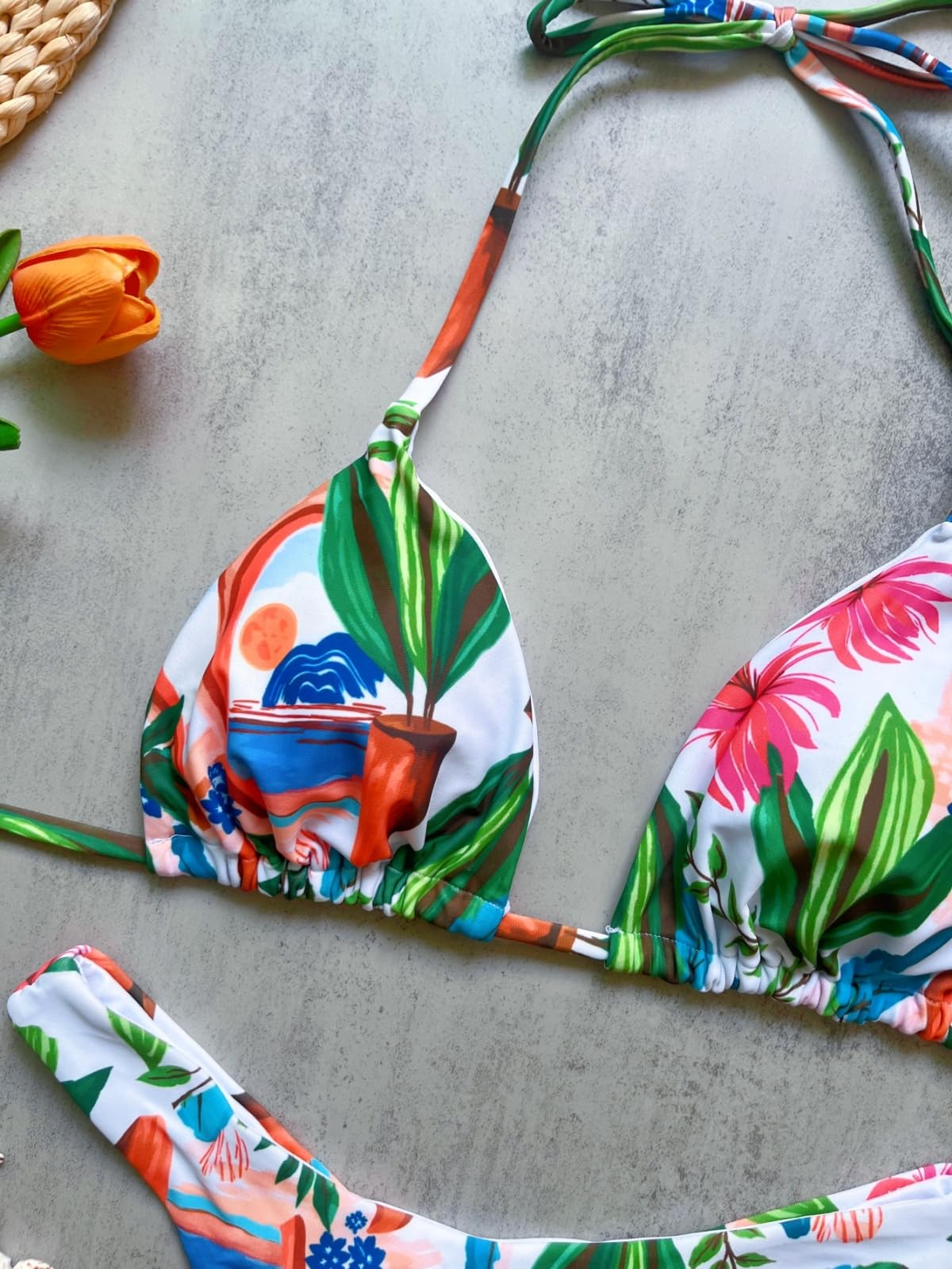 Set Bikini Donna Donne Tropicale Paesaggio Floreale Due Pezzi Regolabile Cravatta Triangolo Alto Taglio Capriccioso Costume da Bagno per La Spiaggia PisChina