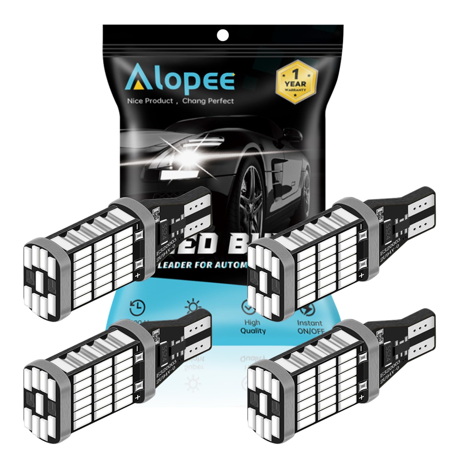 ALOPEE 4-Pack 921 912 922 T15 W16W Tail Brake Lights Brillant Red 12V-18V Non-Polarity Canbus Error Free AK-4014 45pcs Chipsets LED Bulbs For Car Center High Mount Stop Brake Lights