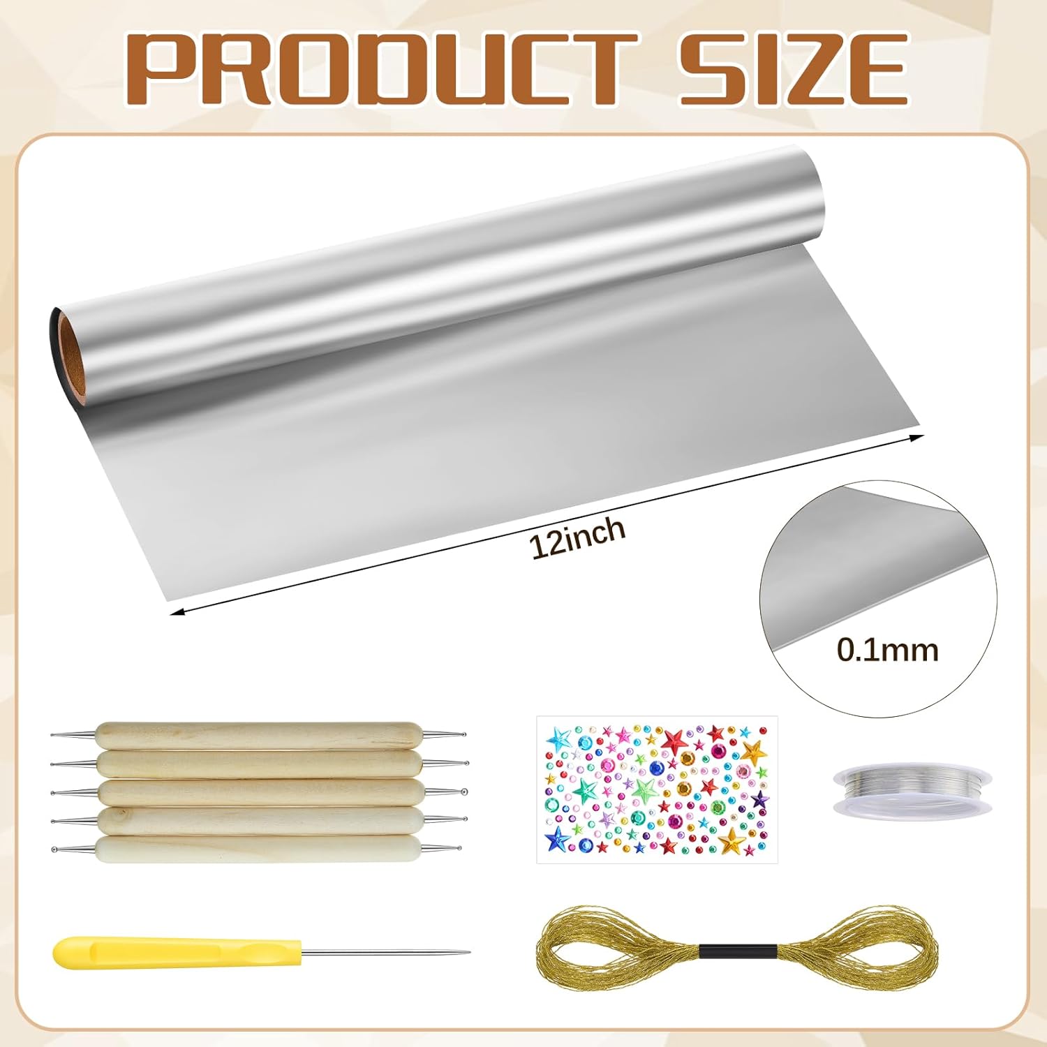 Yaocom Metal Embossing Kit, 1 Roll of 20ft Aluminum Embossing Foil, Decorative Art Craft Metal Foil Sheet Tools, Silver Shimmer Crafting Accessory, Creative Artwork Making Kit, Handcraft Supplies