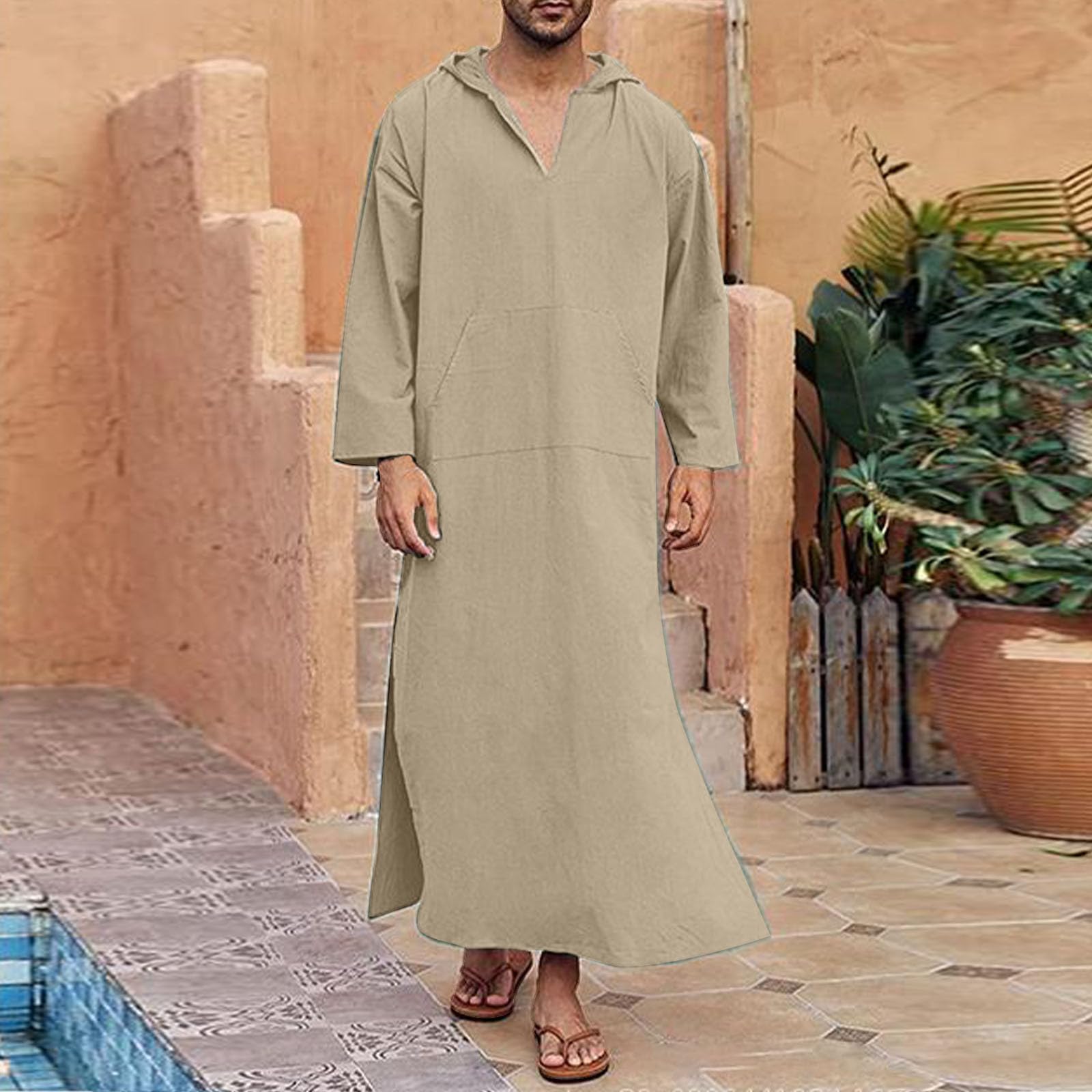 Abaya musulmano da uomo arabo casual a maniche lunghe con cappuccio tasca ampia camicia vestaglia per Ramadan Eid