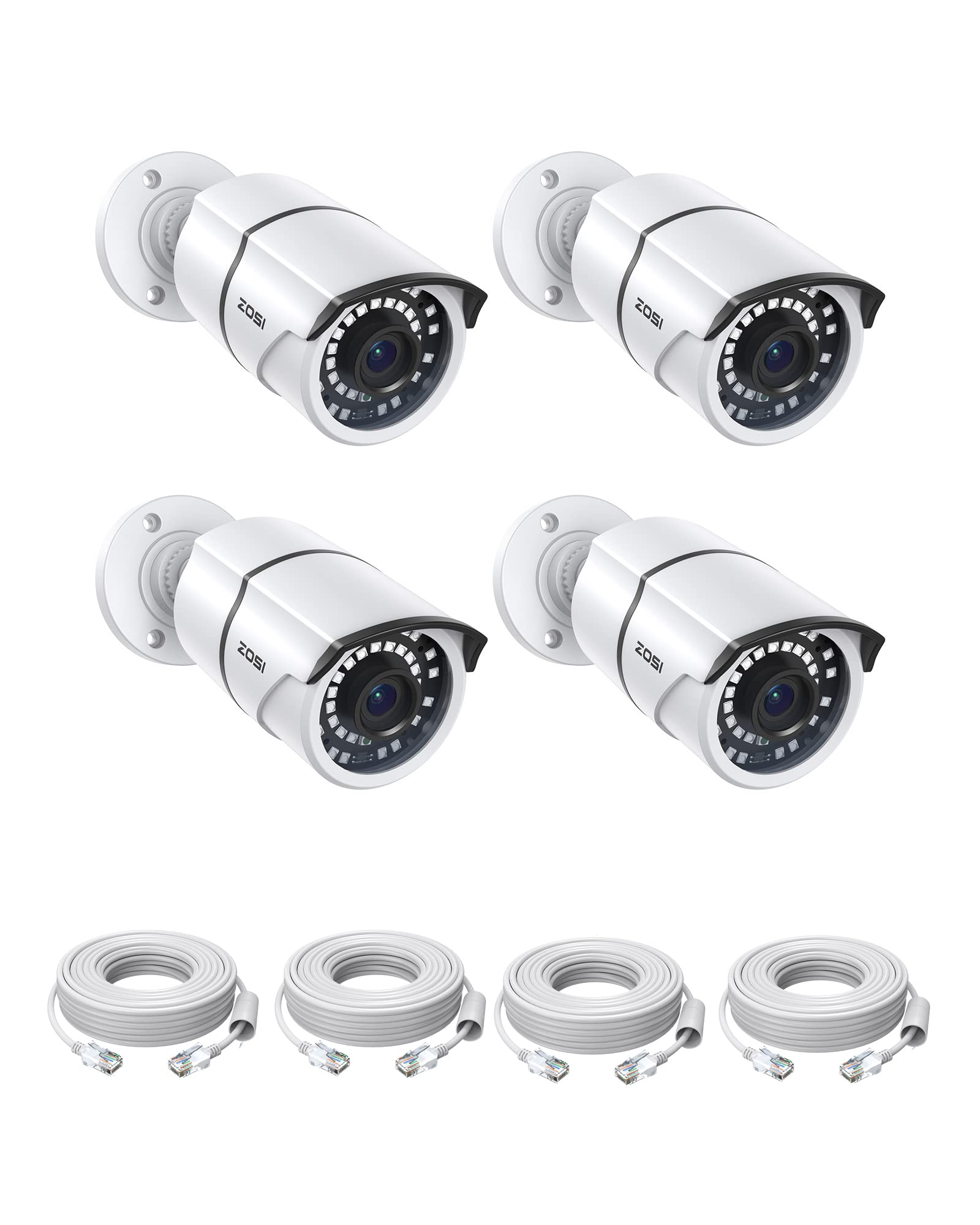 ZOSI 4PK 5MP Add-on POE Security Camera with Ethernet Cables, Outdoor Bullet Camera with 120ft Night Vision, IP66 Weatherproof, Only Compatible ZOSI