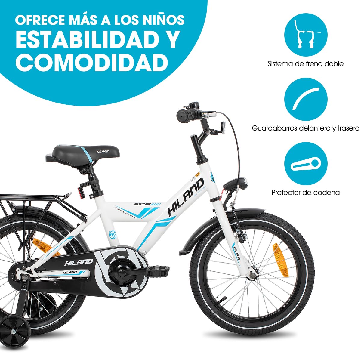 HILAND Sentry Bicicleta Infantil 16/18 Pulgadas, 4–8 Años, para Niños y Niñas, con Portaequipajes, Freno de Mano y Freno Contrapedal, Negro/Blanco