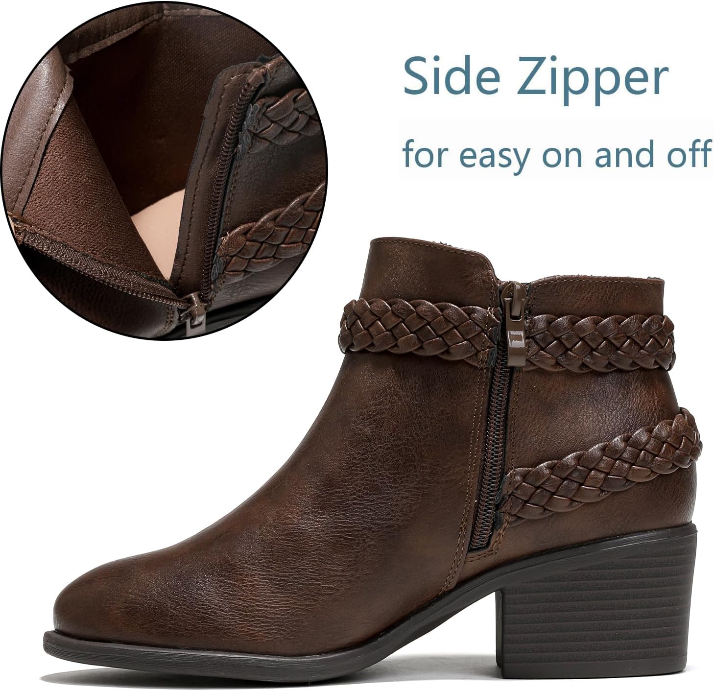 Luoika Women's Wide Width Ankle Boots - Black Brown Short Boots Block Low Heel Side Zipper Booties. - Image 6