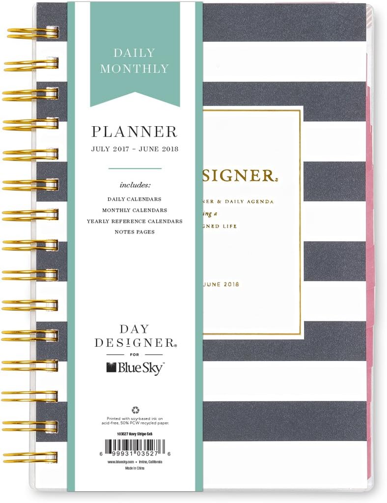 Day Designer for Blue Sky 2017-2018 Academic Year Daily & Monthly Planner, Twin-Wire Bound, 5" x 8", Navy Stripe