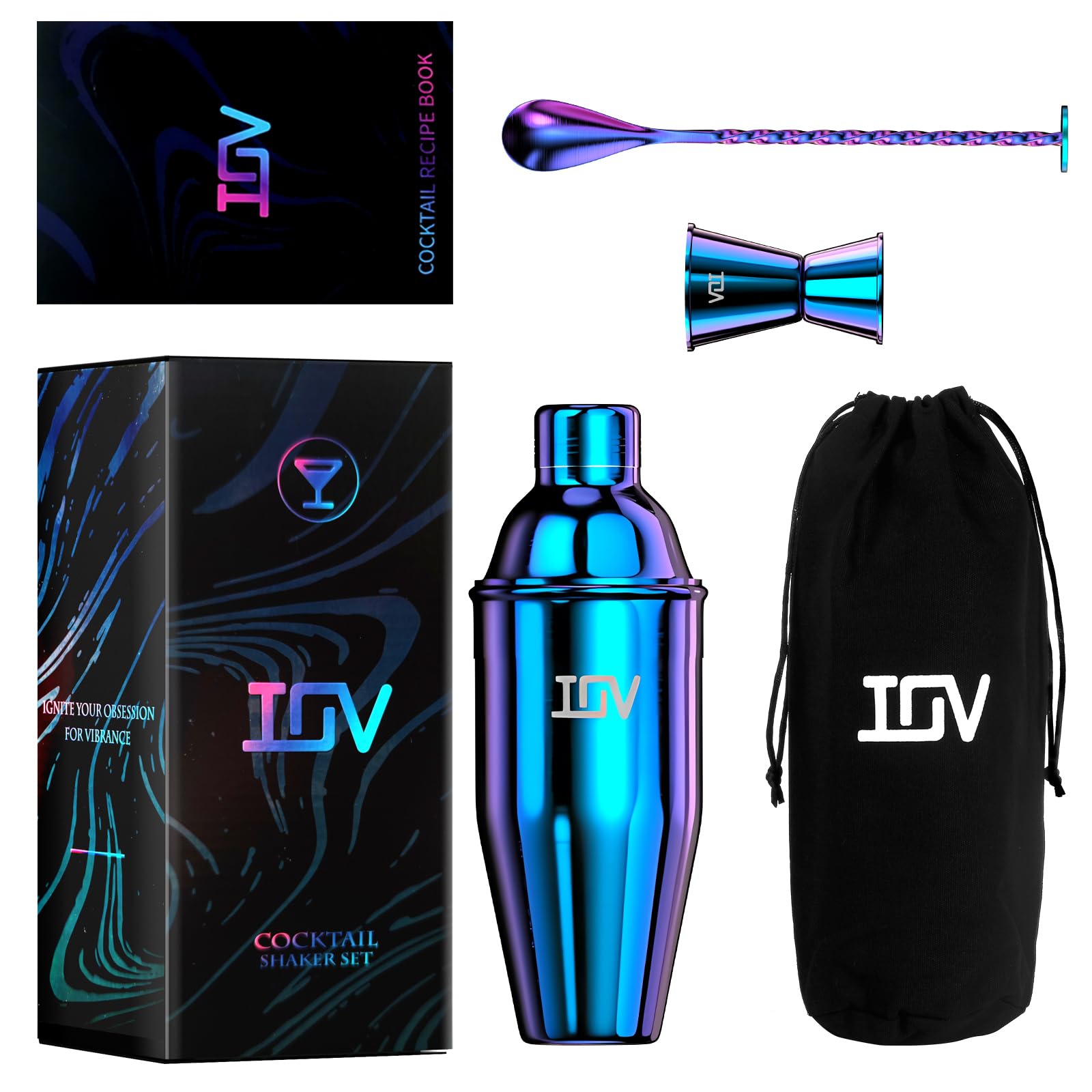 IOV Set di shaker da cocktail da 680,4 g, shaker Martini con filtro integrato, kit di strumenti da bar con libretto di ricette, shaker professionale in acciaio inox grande per barista margarita, mixer