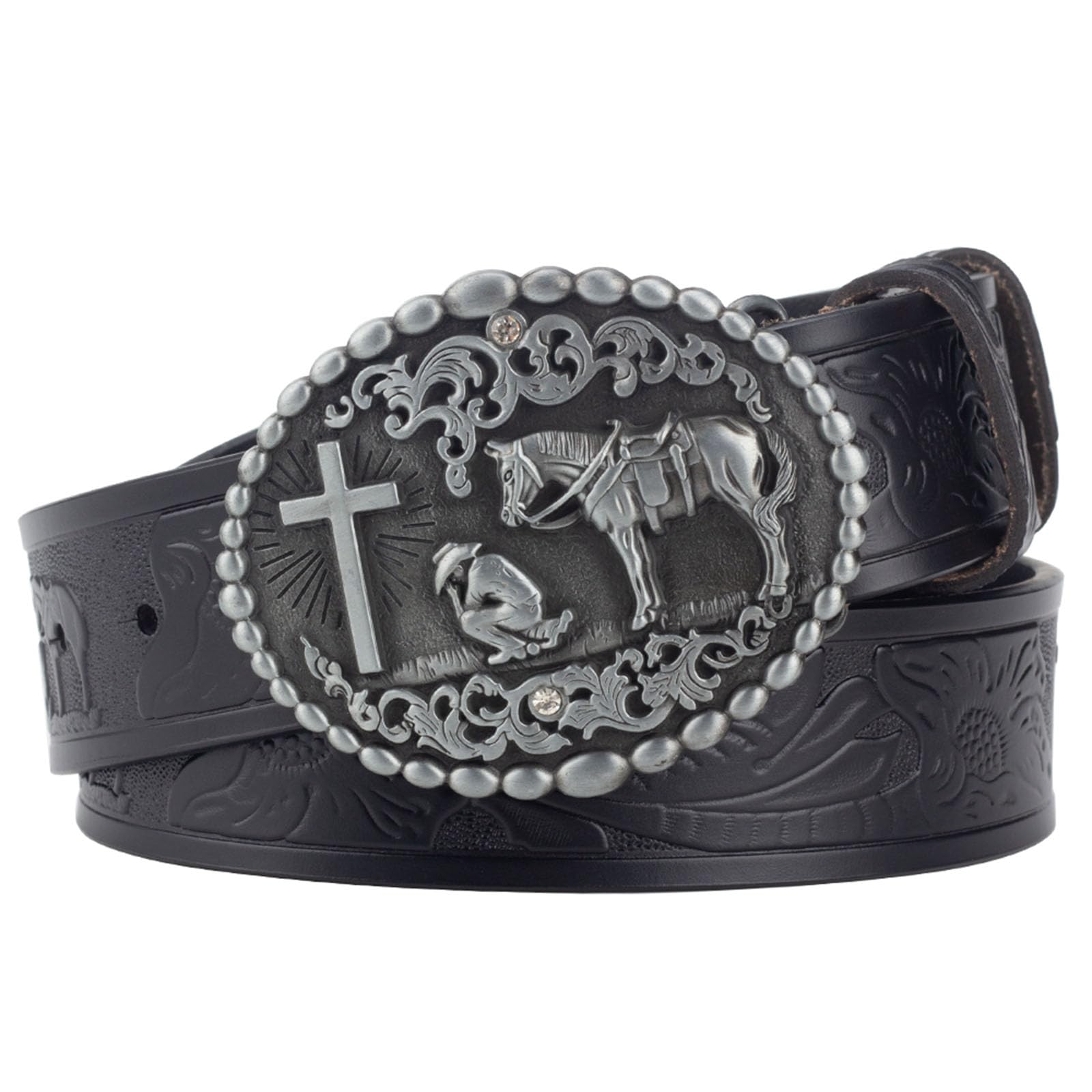 Jiary Unisex Black Belt Men Western Cowboy, Men's Belt Leather, Religion Cross Cowboy Prayer Horse Series Pattern Buckle Vintage Embossed Belt,,105Cm/41.3''
