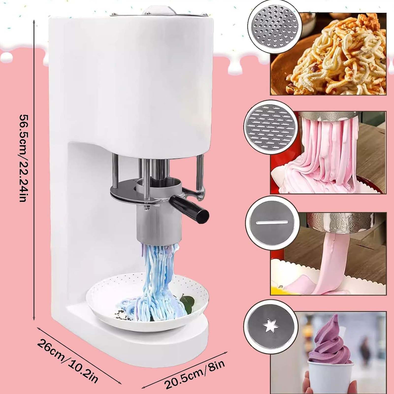 Macchina Per Gelato Alla Pasta All'Italiana, Gelatiera Elettrica Per Spaghetti Da 30 L/H E 420 Ml, 4 Stampi Intercambiabili In Acciaio Inox, Macchina Per Spaghetti Al Gelato,White