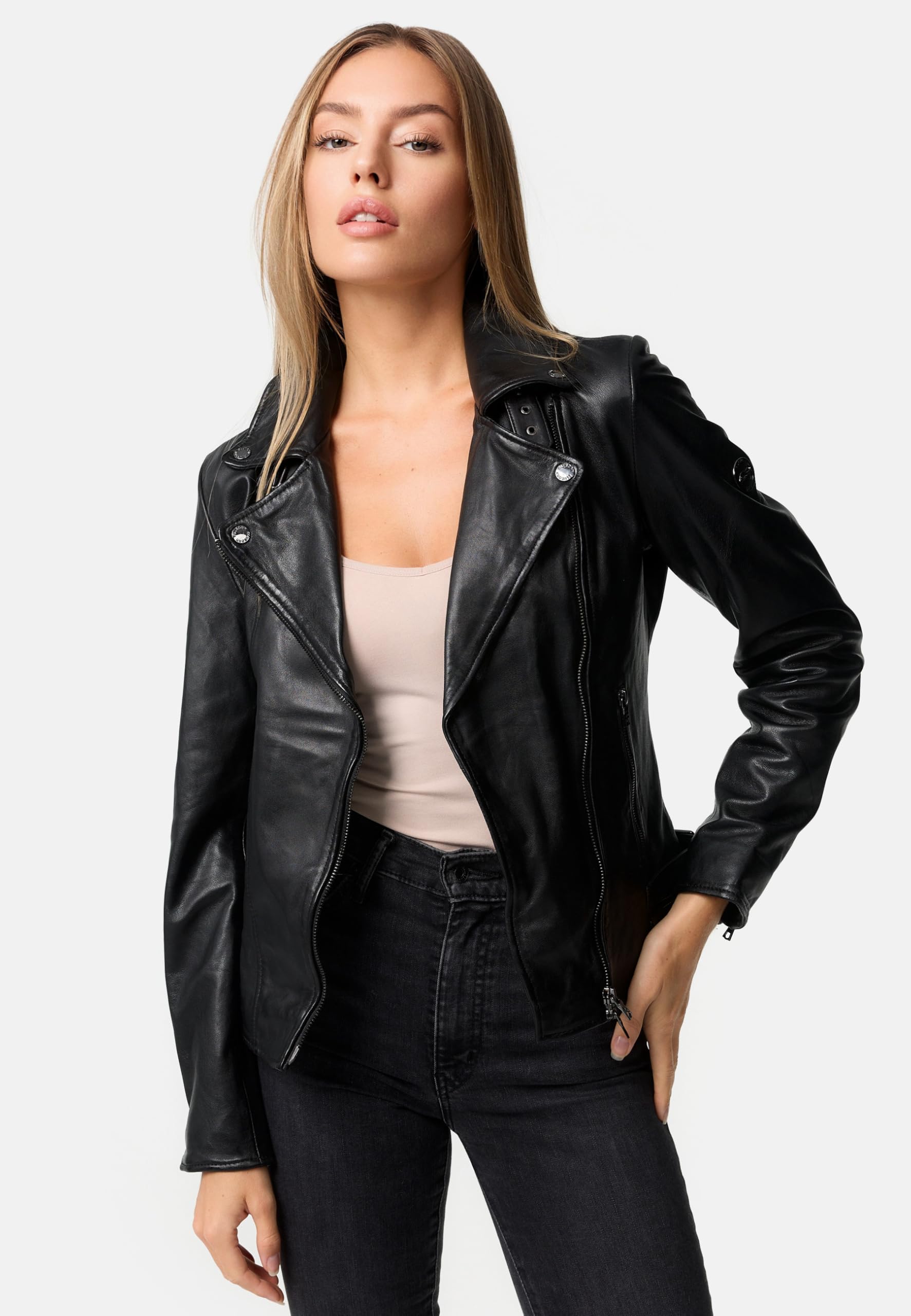 Alva Lederjacke Damen - Bikerjacke - Damen Lederjacke – Übergangsjacke - Schwarz Braun Echtleder Tailliert mit Reverskragen
