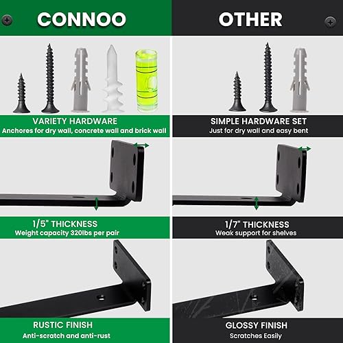 Miniatura 3 de CONNOO Paquete de 6 soportes en L gruesos y resistentes, soportes flotantes en T de 8 pulgadas, soportes en L de metal negro para estantes, soporte