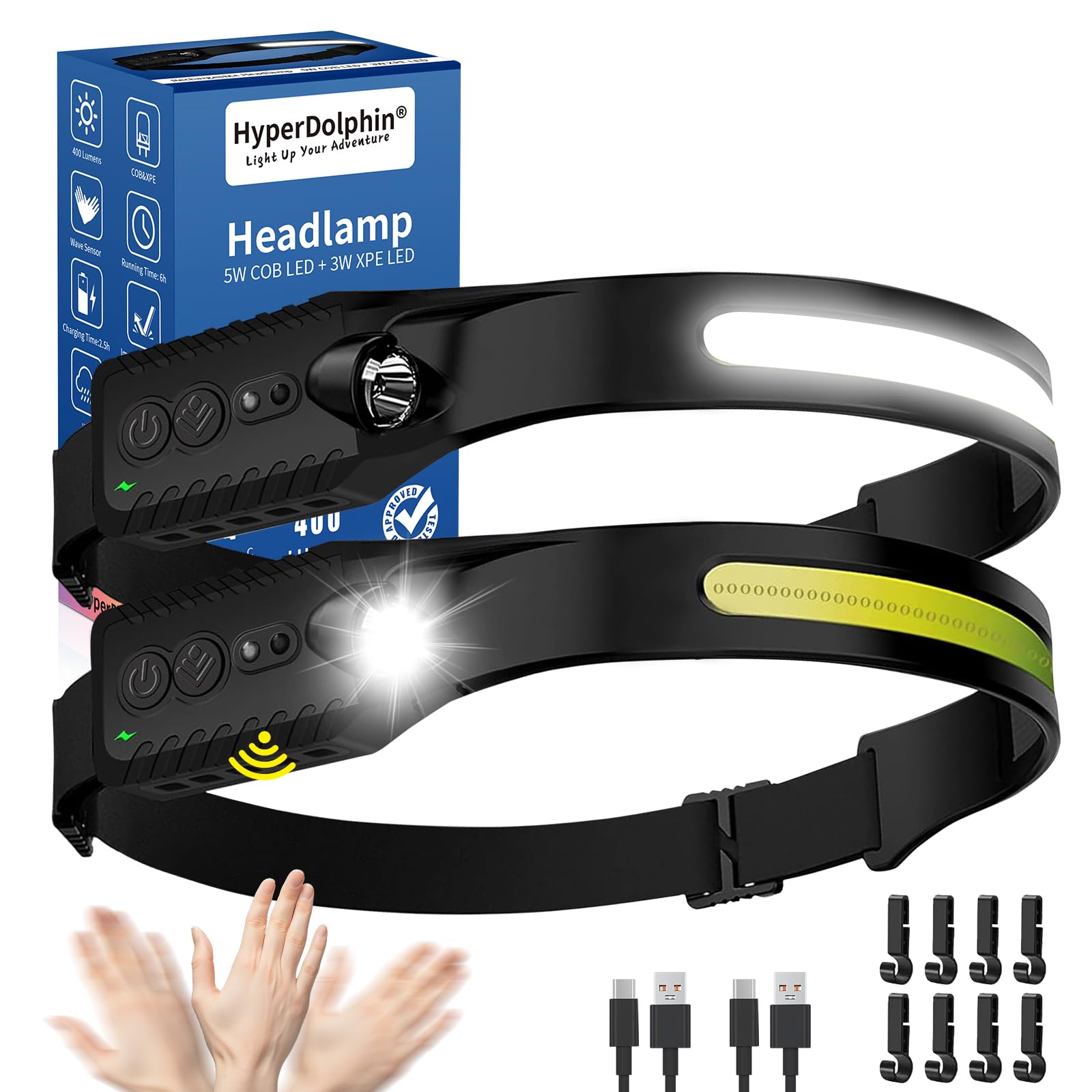 Stirnlampe LED Wiederaufladbar, Kopflampe mit Breitstrahl Stirnleuchte Aufladbar, stirnlampen, adventure light, 230 grad, usb c, 400 Lumen, 5 Modi, Bewegungssensor, Wasserdicht, Angeln (2, Schwarz)