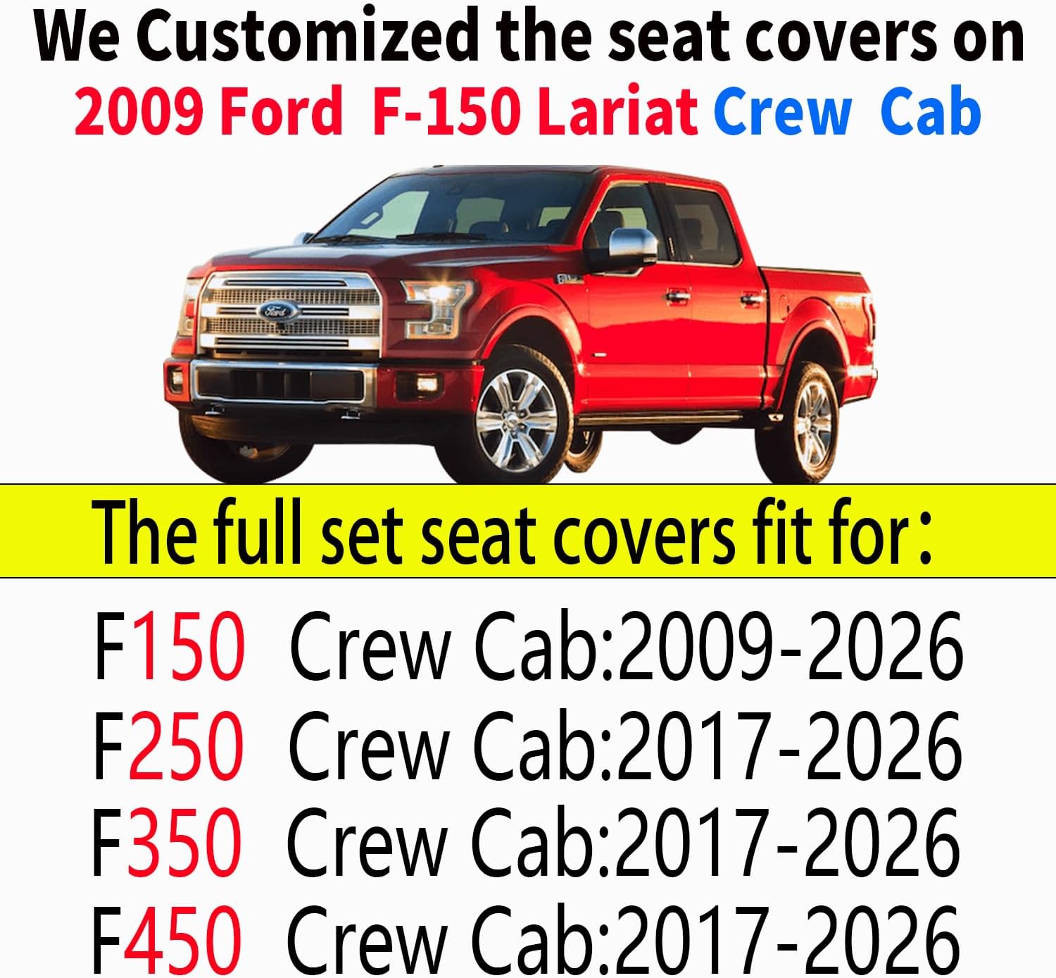 Aierxuan Full Set Car Seat Covers Custom Fit 2009-2026 Ford F150 Crew Cab and 2017-2026 F250 F350 F450 Super Duty Pick-up Truck, Automotive Vehicle Cushion Cover with Waterproof Leather (Black)