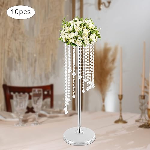 Miniatura 2 de DYNAMI Juego de 10 lujosos soportes de flores de cristal, centros de mesa de boda, jarrón de flores de cristal plateado, soporte de arreglo floral