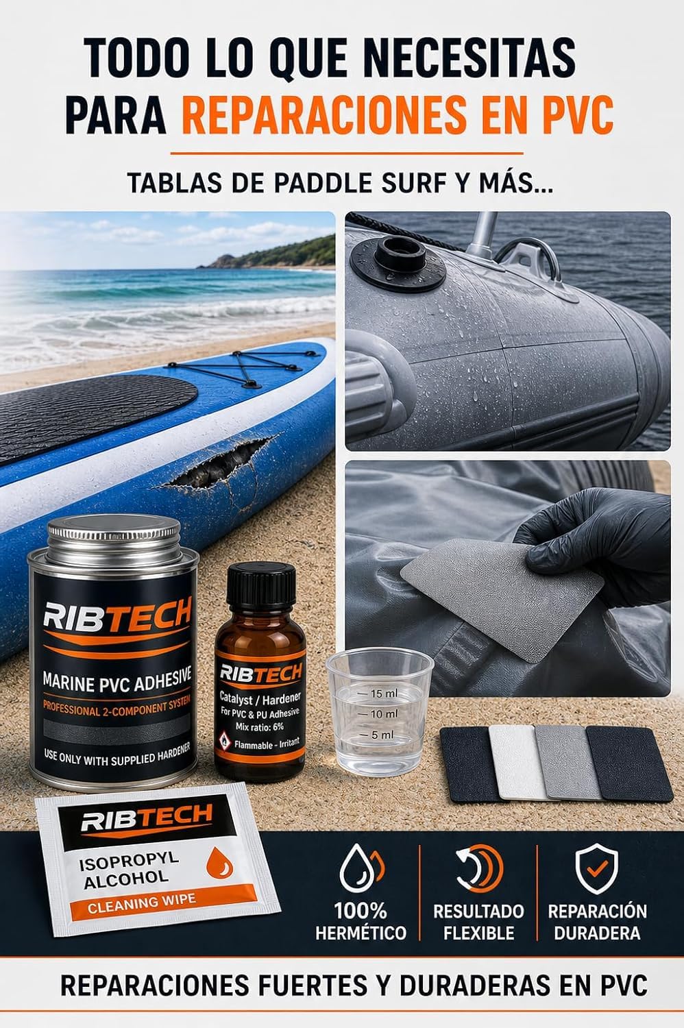 Colle PVC 2 composants 125 ml Zodiac Paddle Surf Kayak Gonflables - Kit de réparation avec patchs, pinceau, gobelet, gants et lingette
