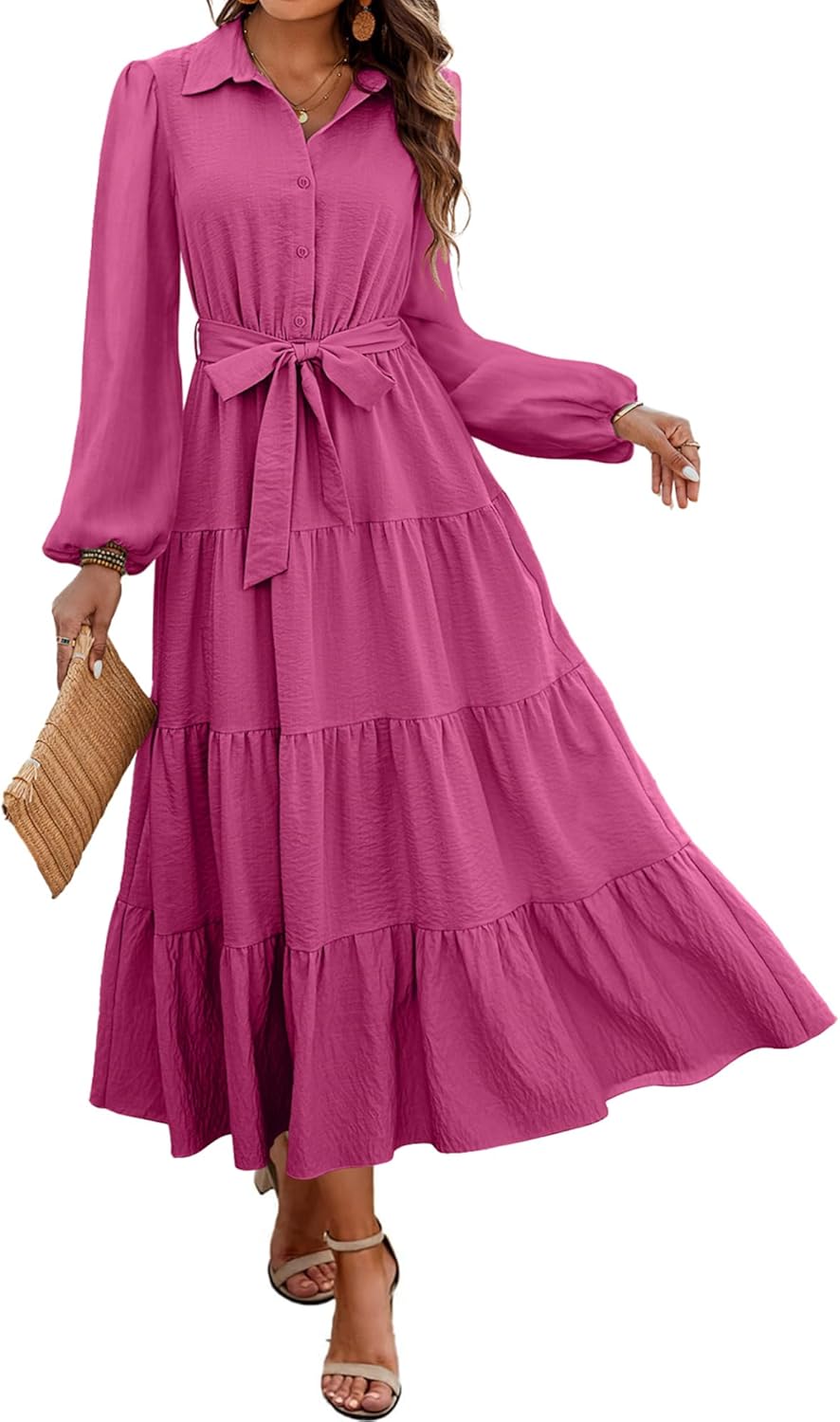 dowerme Women's Long Sleeve Dress 2025 Button Down Belted A-Line Flowy Fall Outfits Ruffle Maxi Holiday Party Dresses