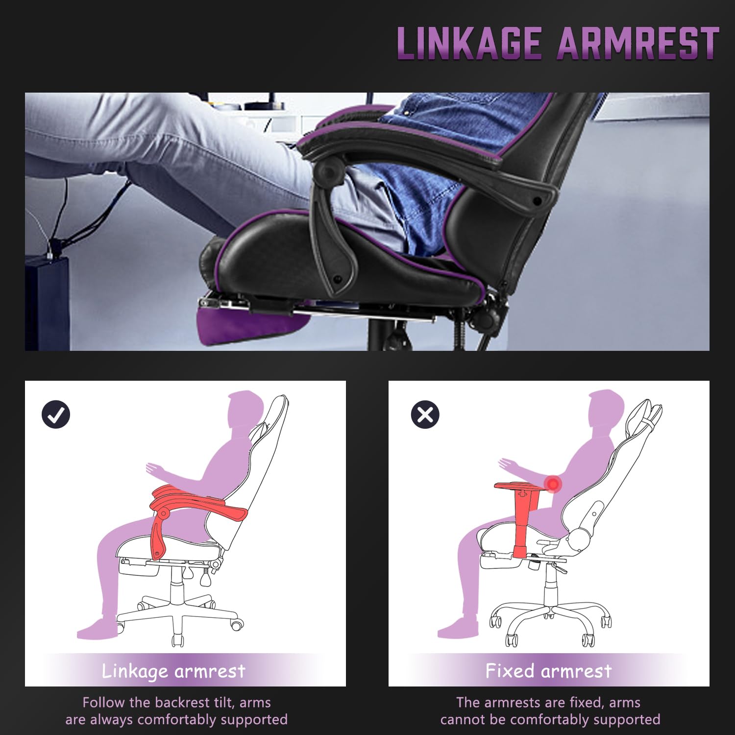 Huracan Gaming-Stuhl Ergonomisch, Gaming Chair PC Stuhl mit Massagefunktion, Atmungsaktiv PU-Leder, Höhenverstellbar Gamer Stuhl, verstellbare Armlehnen, Kopf- und Lendenstütze für Gamer, Lila