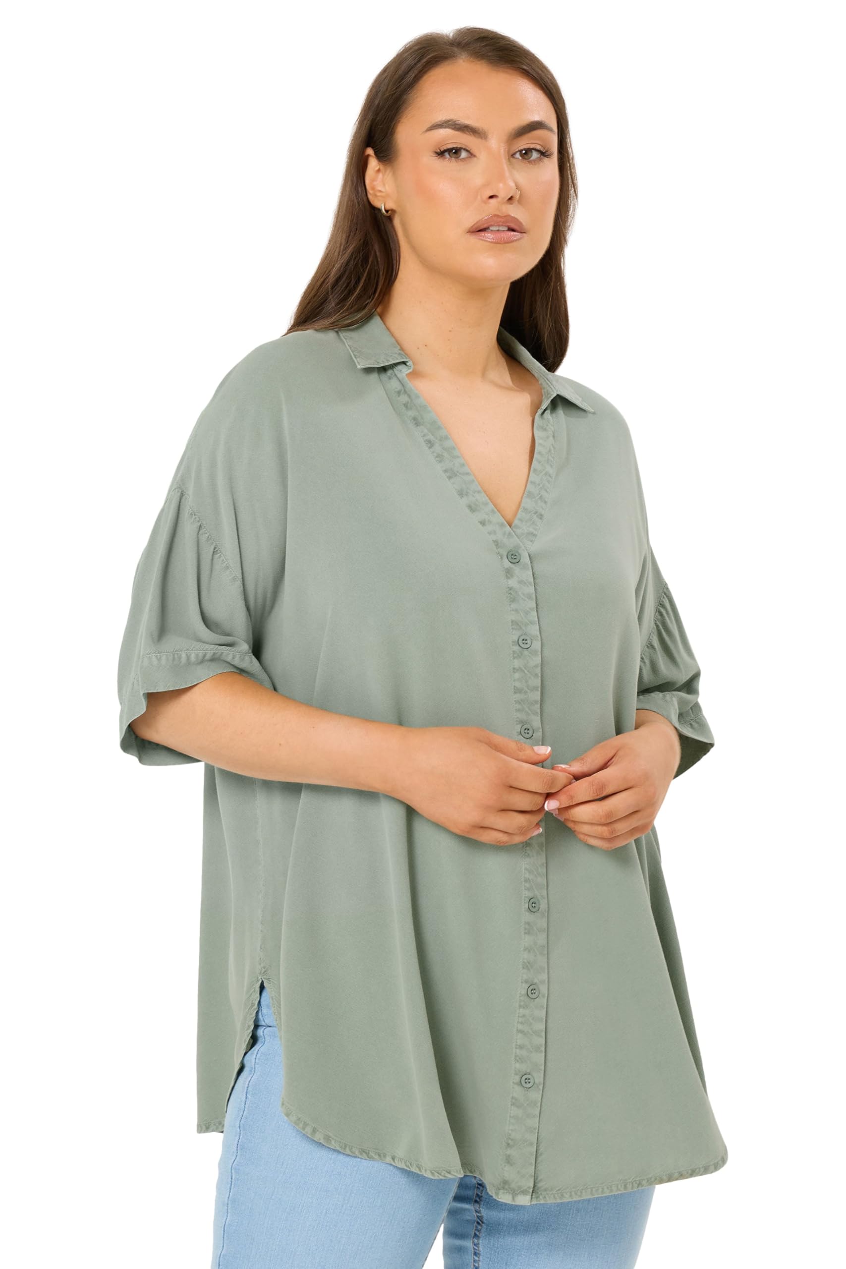 Yours Women's Short Sleeve Chambray Shirt in Light Green | Size: 22-24