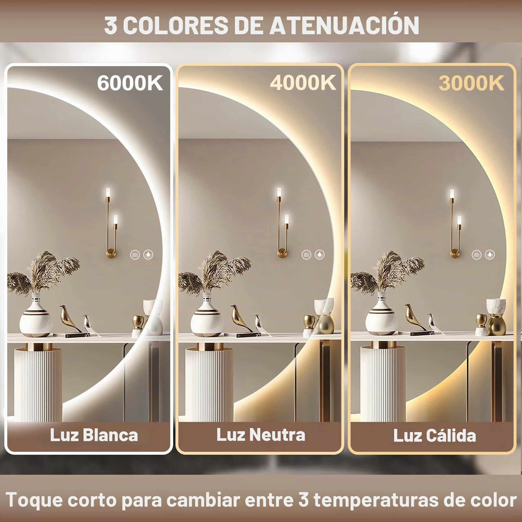 120×60cm Espejo Baño con Luz, Espejo De Baño con Luz LED con Antivaho, Luz De 3 Colores Dimmable, Ip54, IRC 90+, Espejo Media Luna con Función De Memoria(Left Cut, 120 × 60cm)