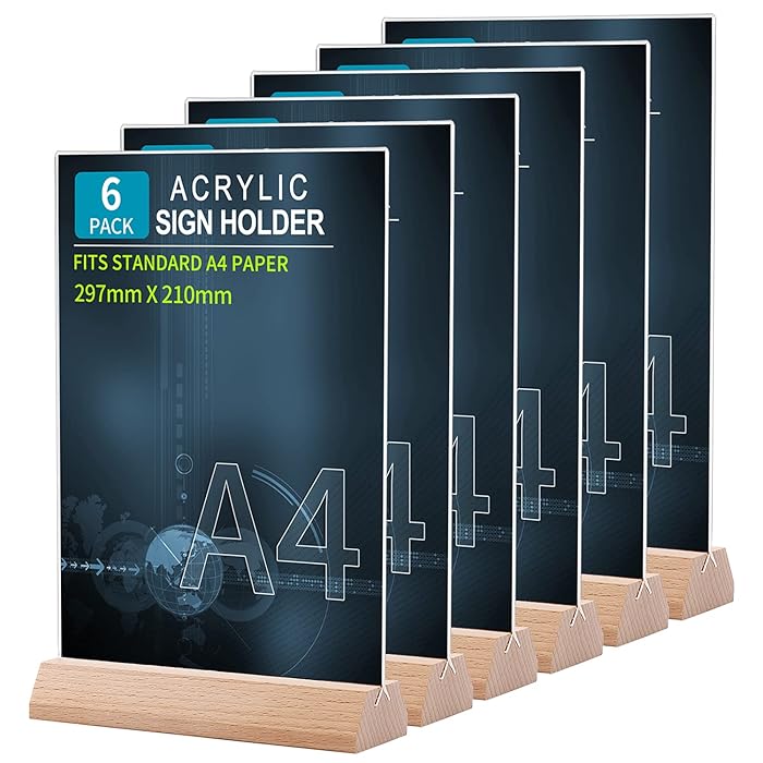 Buy A4 Acrylic Sign Holder TShape (6 Pack) Wood Base, A4 Table Stands Menu Holders for