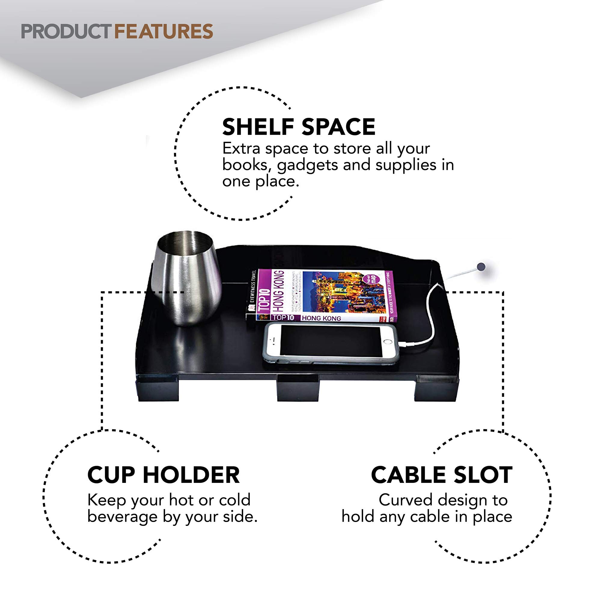 Bedside Shelf for Bed College Dorm Room Clip On Nightstand with Cup Holder & Cord Holder