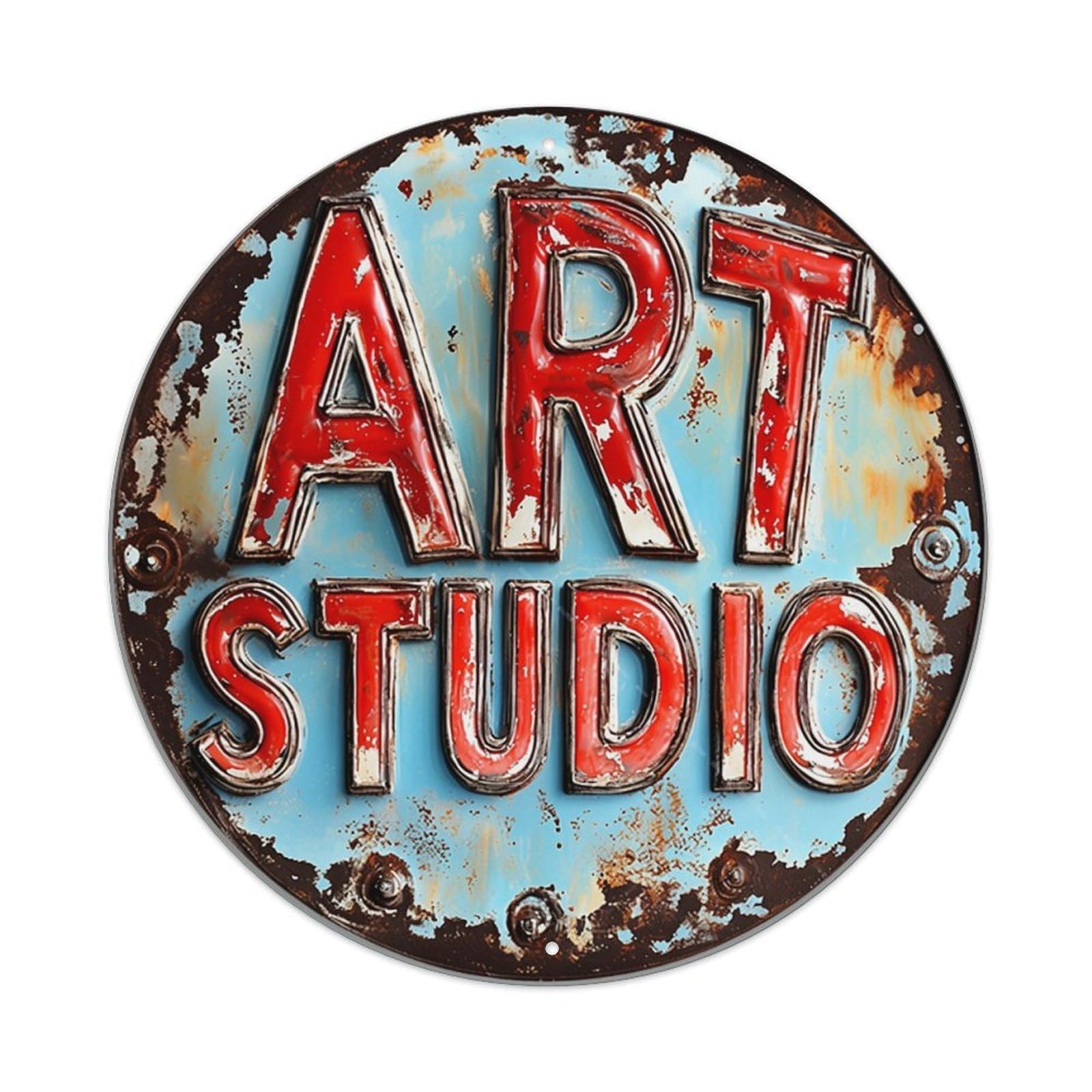 Rusty Metal Sign Art Studio Vintage Round Tin Sign Retro Metal Wall Decor Metal Poster, Home Bar Garage Cafe Wall Art Decoration 8x8Inches