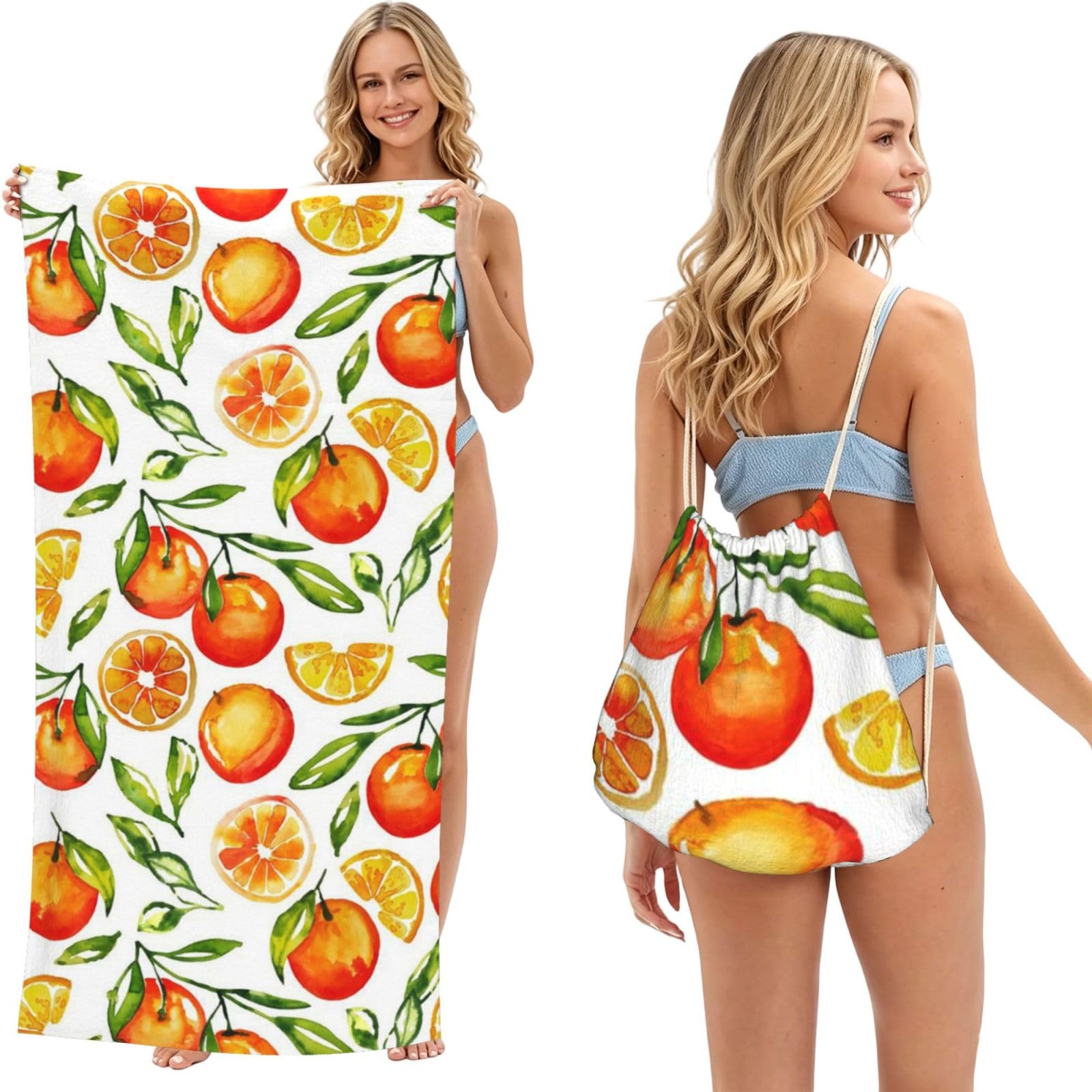 Poadnly As Picture Orange Citrus, 2 In 1 Packable Towel Bag, Beach Towels With Drawstring Backpack For Travel Holiday Camping