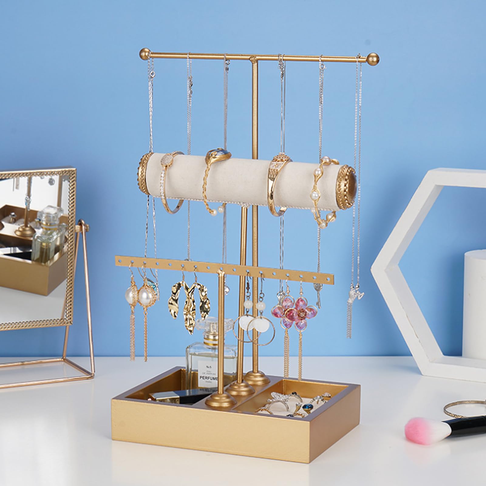 BeauentyBeauenty Jewelry Display Stand 4 Tier Hanging Jewelry Metal Holder,Tabletop Necklace Earring Organizer for Girls