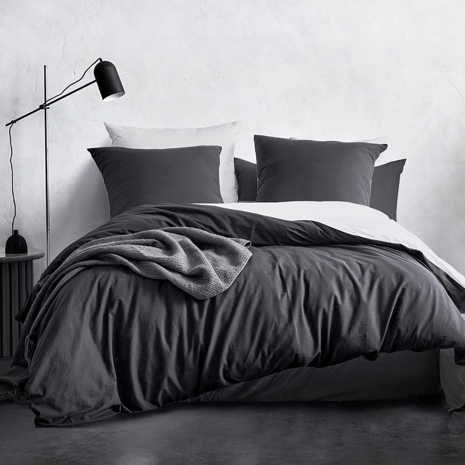 Housse de couette 200x200 100% coton lavé anthracite noir avec 2 taies