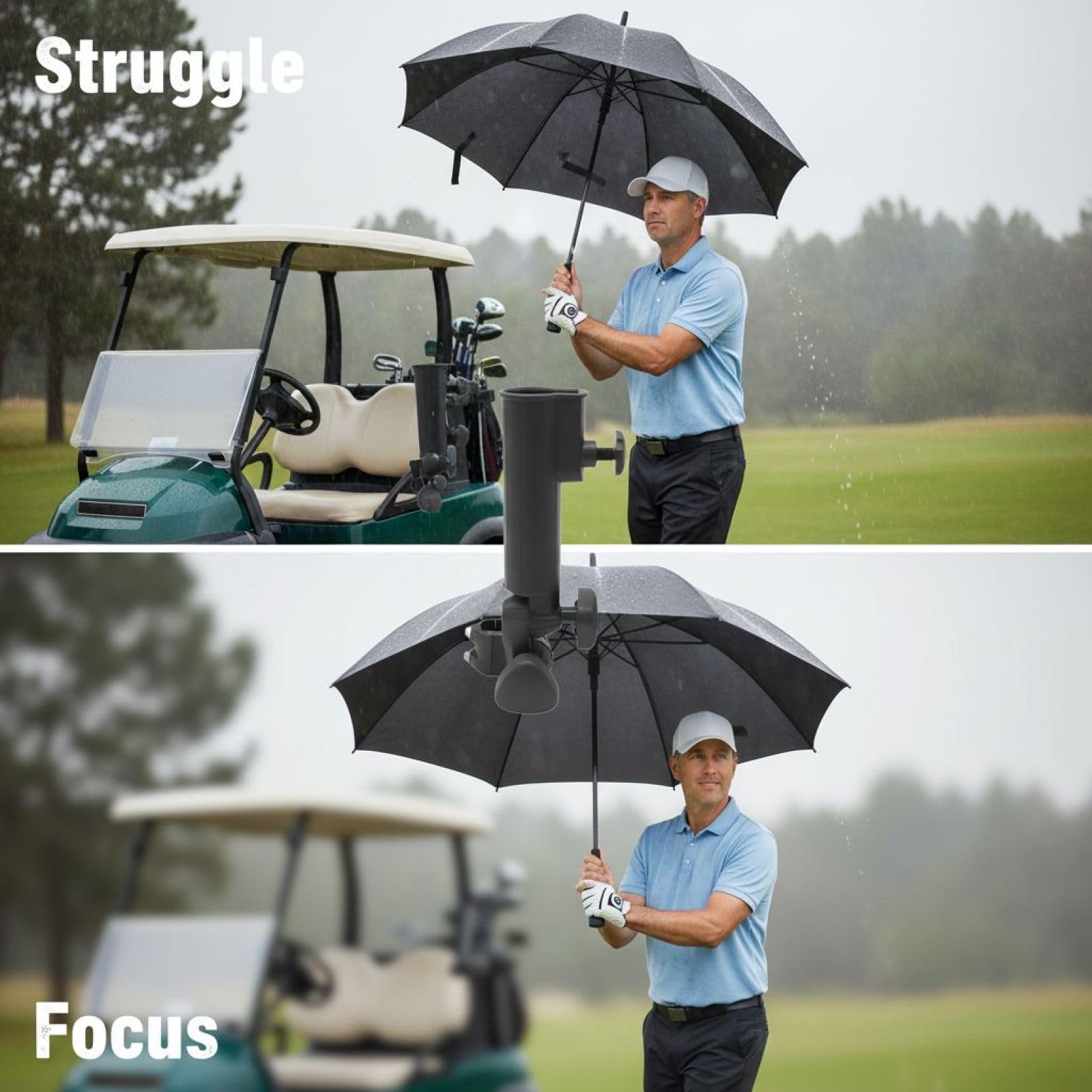 Golf-Pushcart-Schirmhalter, universelle verstellbare Schirmbefestigung mit Standfuß, freihändiges Design, leichte Kunststoffhalterung für Golftrolley und Schirm, für Sonne und Regen
