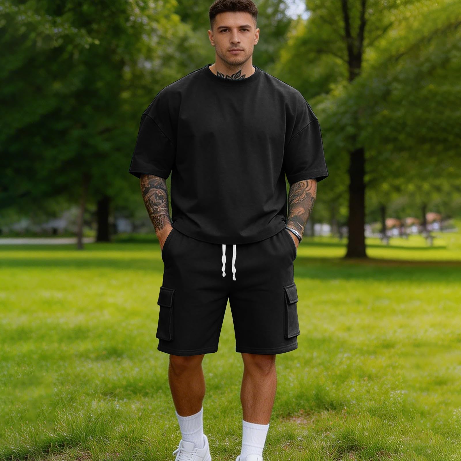 Completo Estivo Uomo Sportivo 2 Pezzi, Tuta Largo Casual Leggero, Maglietta Manica Corta + Pantaloncini Bermuda con Coulisse, Completi Regular Fit Palestra, Completino Ciclismo Per Spiaggia