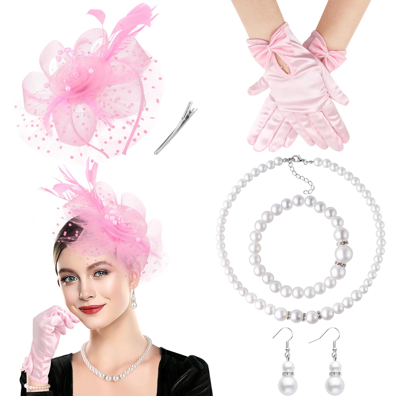 DRESHOW Fascinators Hat for Women Veil Mesh Tea Party Hat Headwear Feather Derby Hat Pillbox Hat and Gloves Pearl Jewelry Set for Cocktail 1920s Party