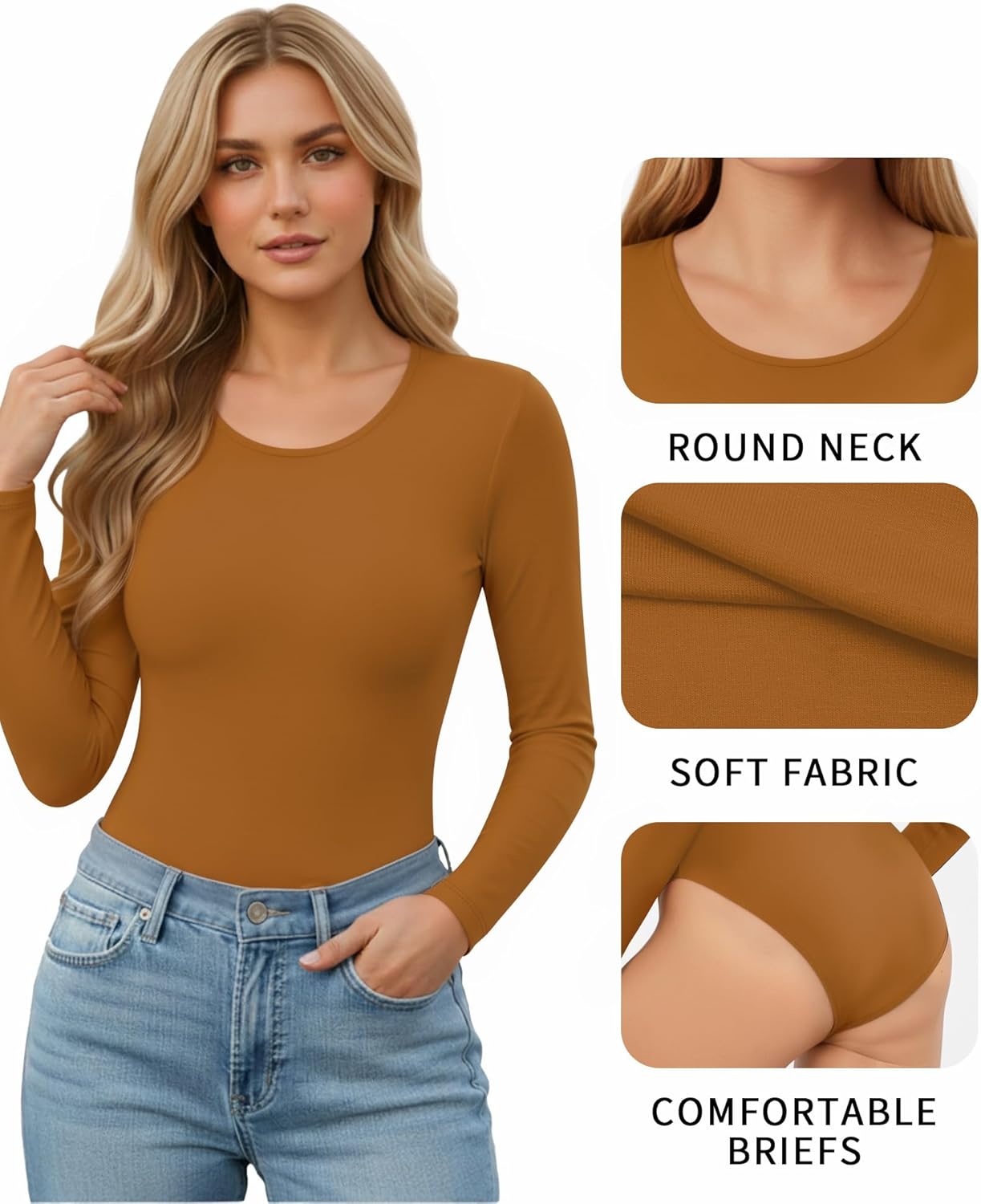 MANGOPOP Round Neck Long Sleeve Short Sleeve Bodysuits for Women Basic Body Suit Shirts Tops - Image 4