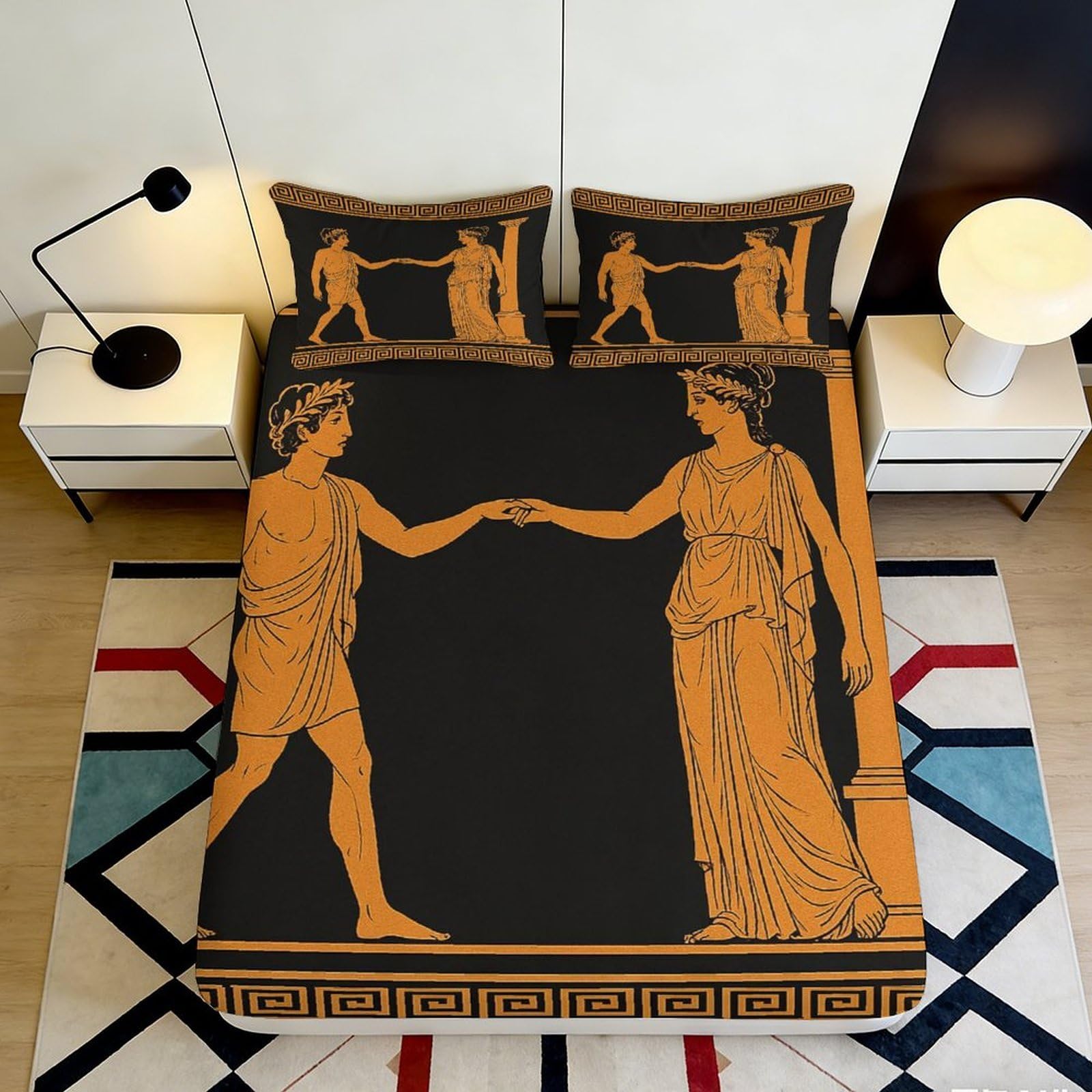 3D Printed Ancient Greek Art Fitted Sheet Microfiber Soft Black Orange Mythology Mattress Cover Bedroom Decor 120x200x25cm