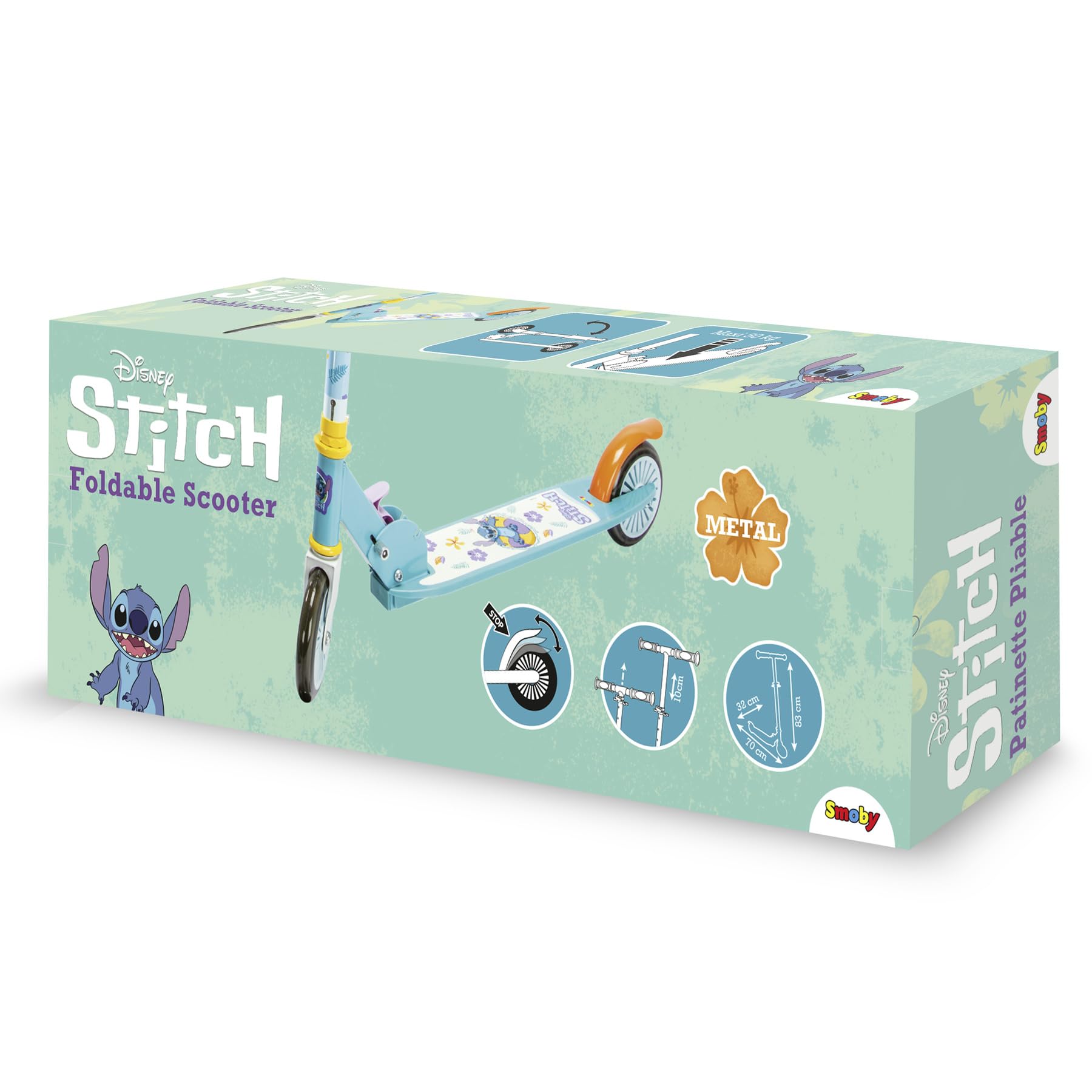 Smoby - Monopattino 2 ruote Stitch, struttura in metallo, manubrio regolabile in altezza, freno posteriore e impugnature di sicurezza, per bambini dai 5 anni, 7600750379